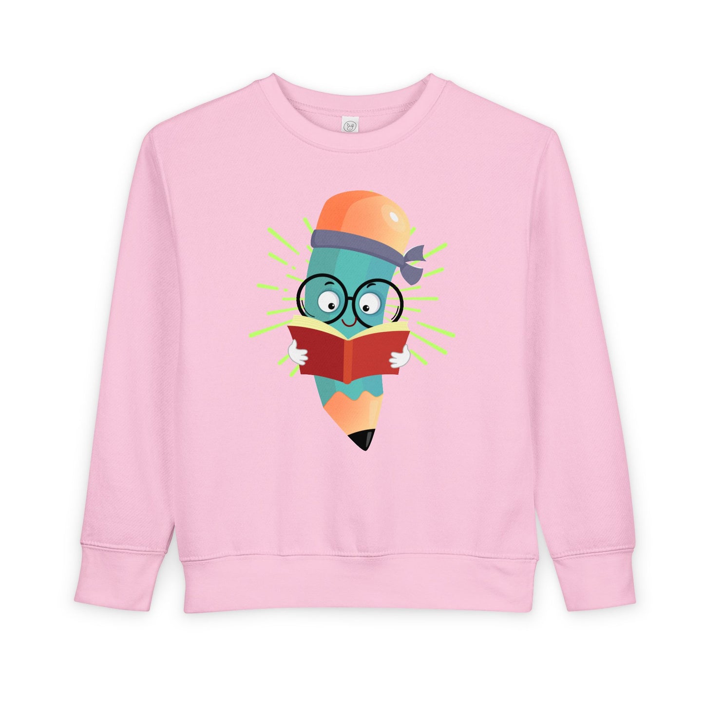 Pink toddler sweatshirt with a colorful book smart pencil character reading a book