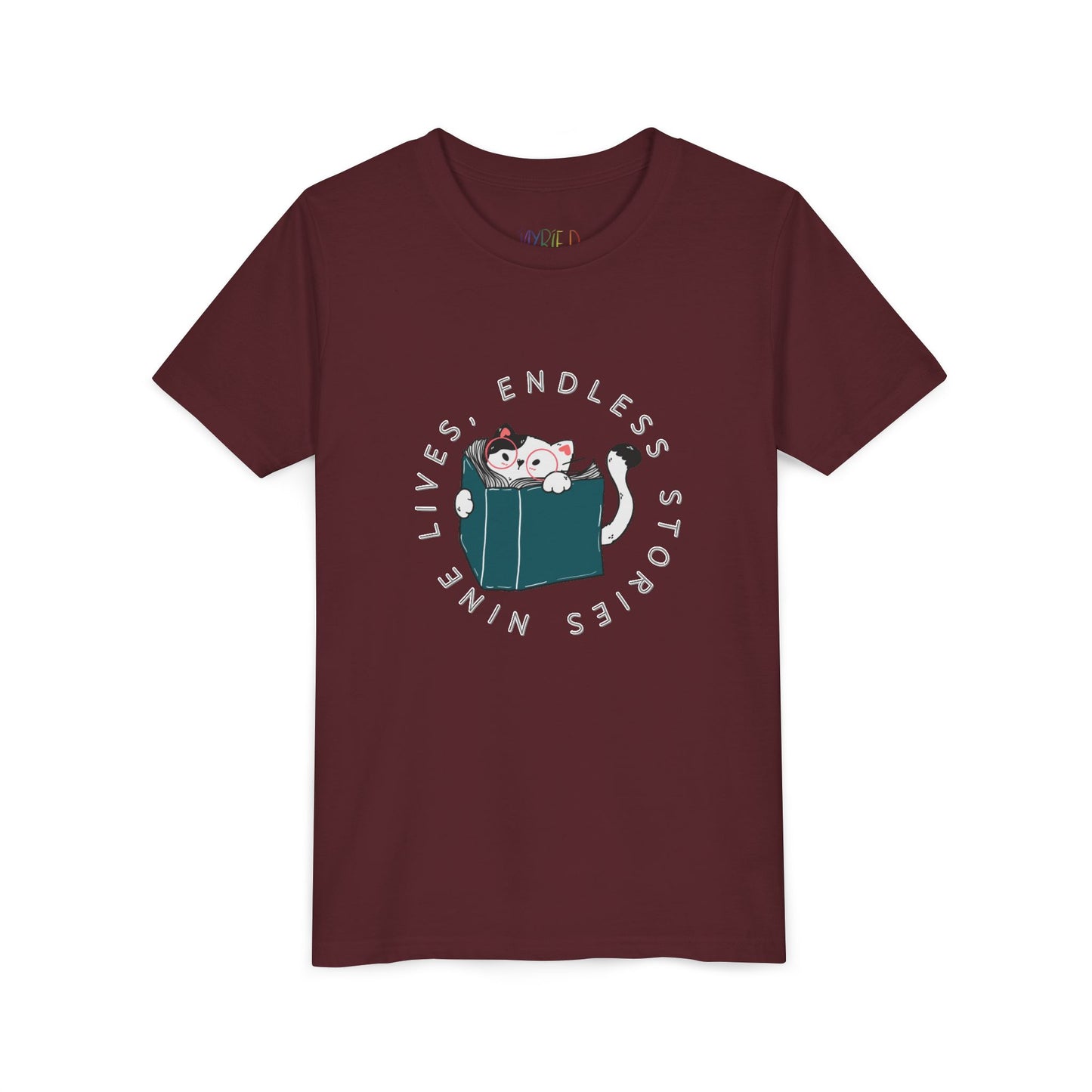 Maroon t-shirt with a cat reading a book graphic and text 'nine lives, endless stories'