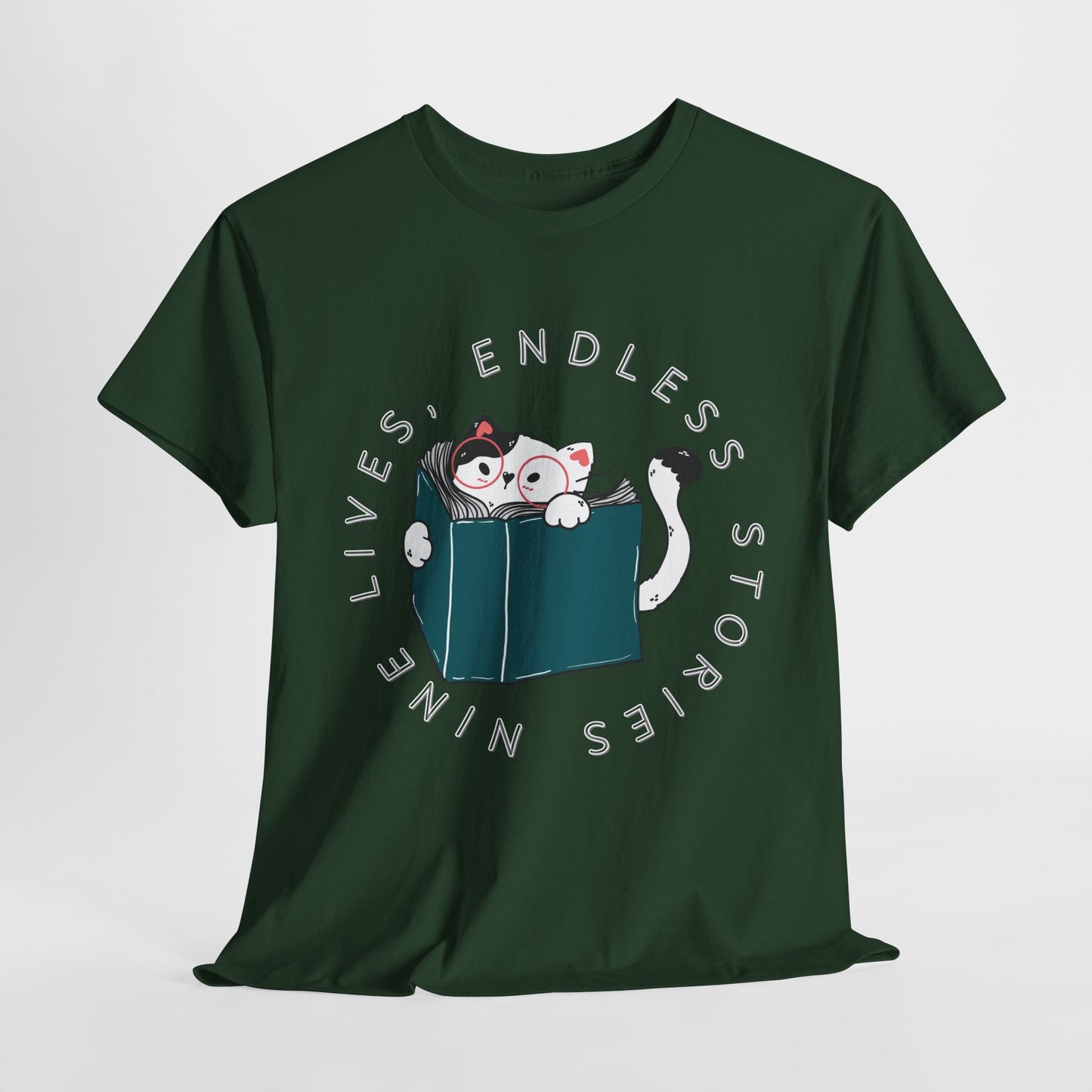 Teen/Adult Unisex "Nine Lives, Endless Stories" Cat & Book Graphic T-Shirt – Fun Reader Gift Tee