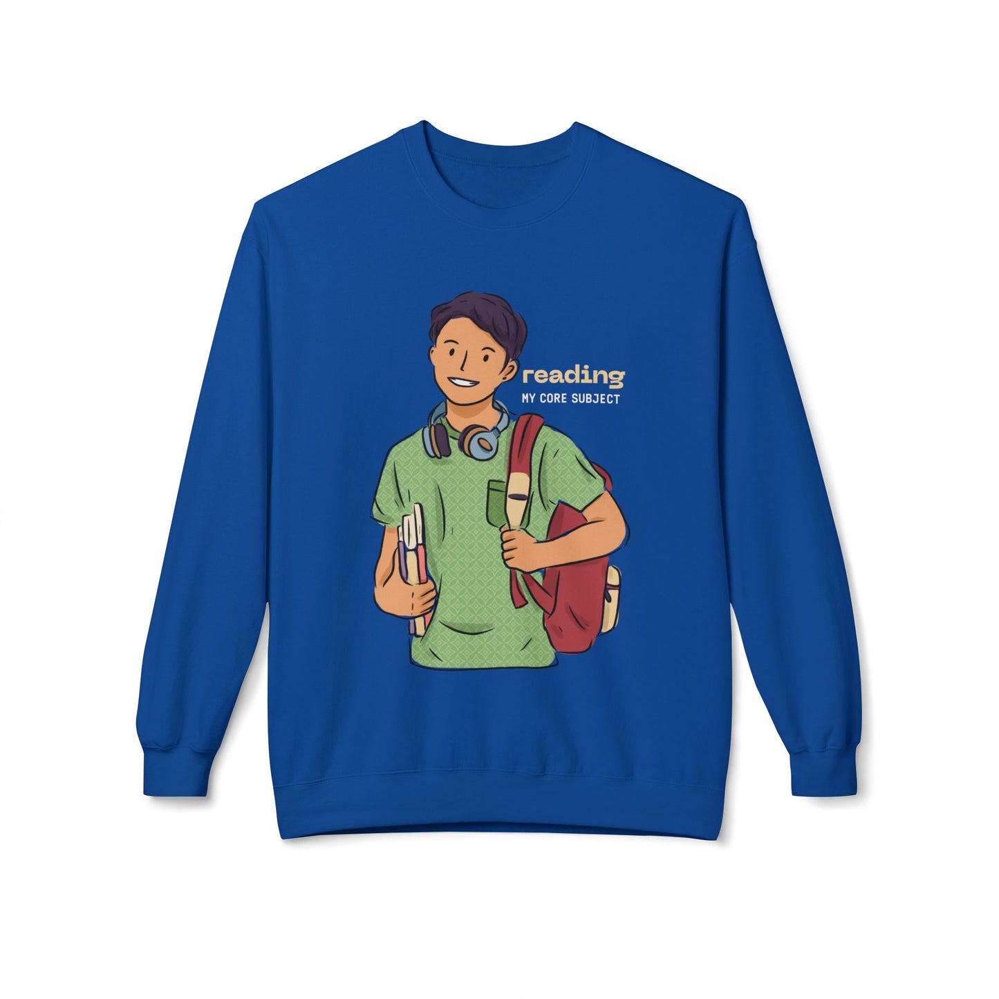 Blue sweatshirt with a graphic of a person holding books and a backpack, with 'reading my core subject' text.
