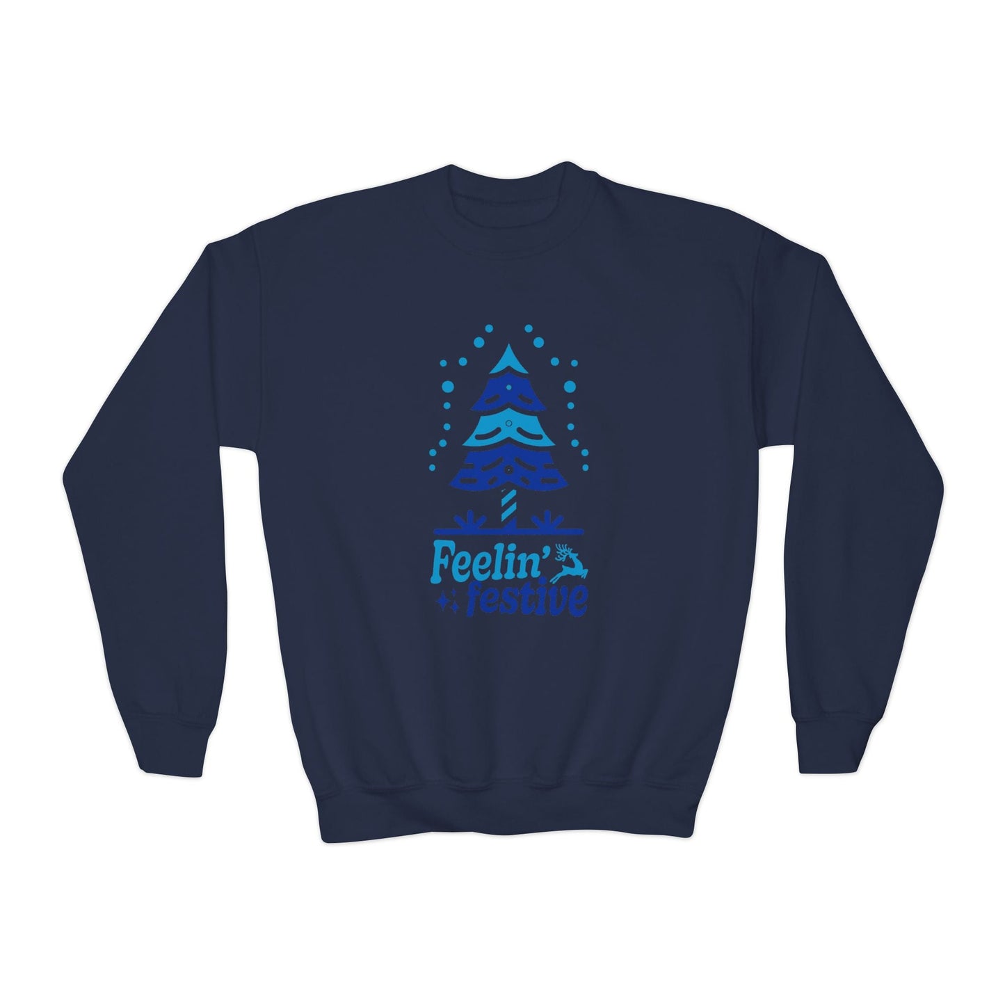 Youth Feelin’ Festive Sweatshirt – Blue Holiday Tree Design Printify