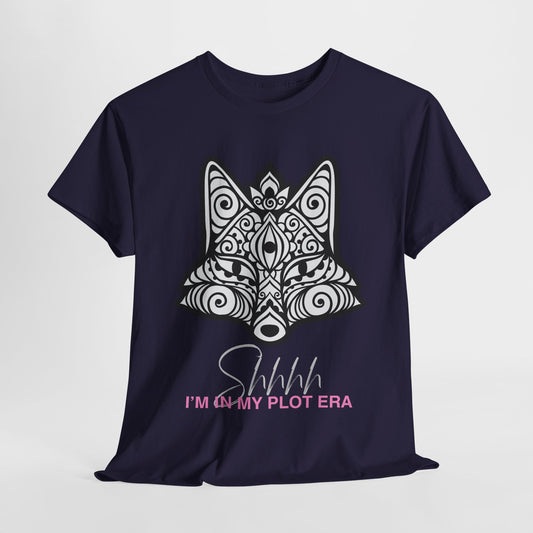 Navy blue t-shirt with a feminine and intricately designed white fox with white and pink text "Shhhh I'm In My Plot Era'