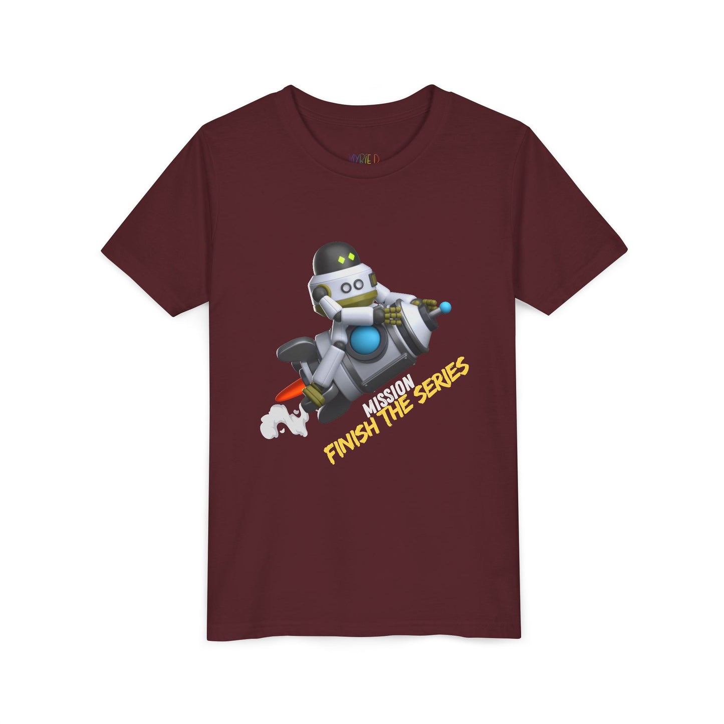 Maroon t-shirt with a robot riding a rocket and text 'Mission Finish The Series'