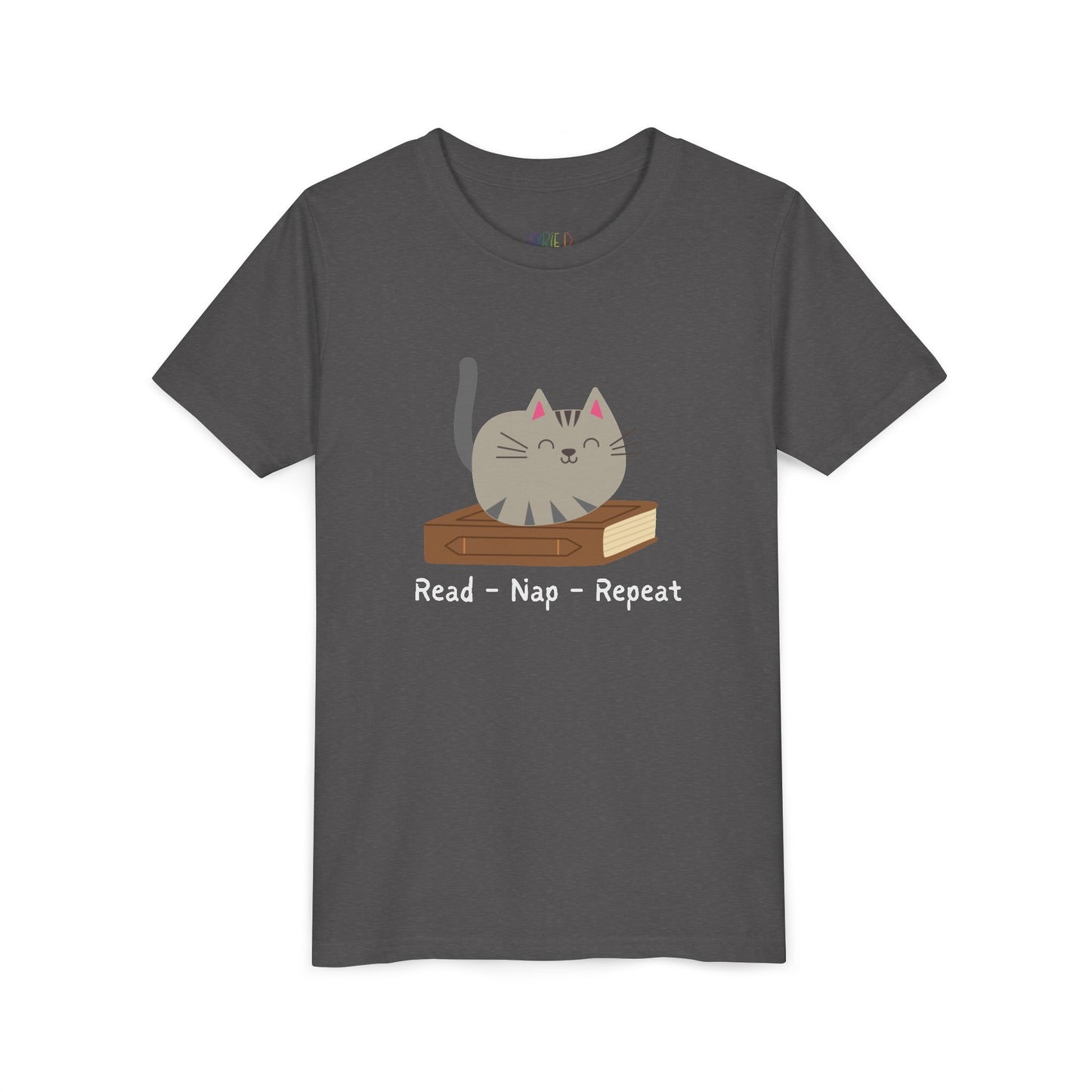 Youth Read β Nap β Repeat T-Shirt β Cozy Cat Tee for Bookish Kids