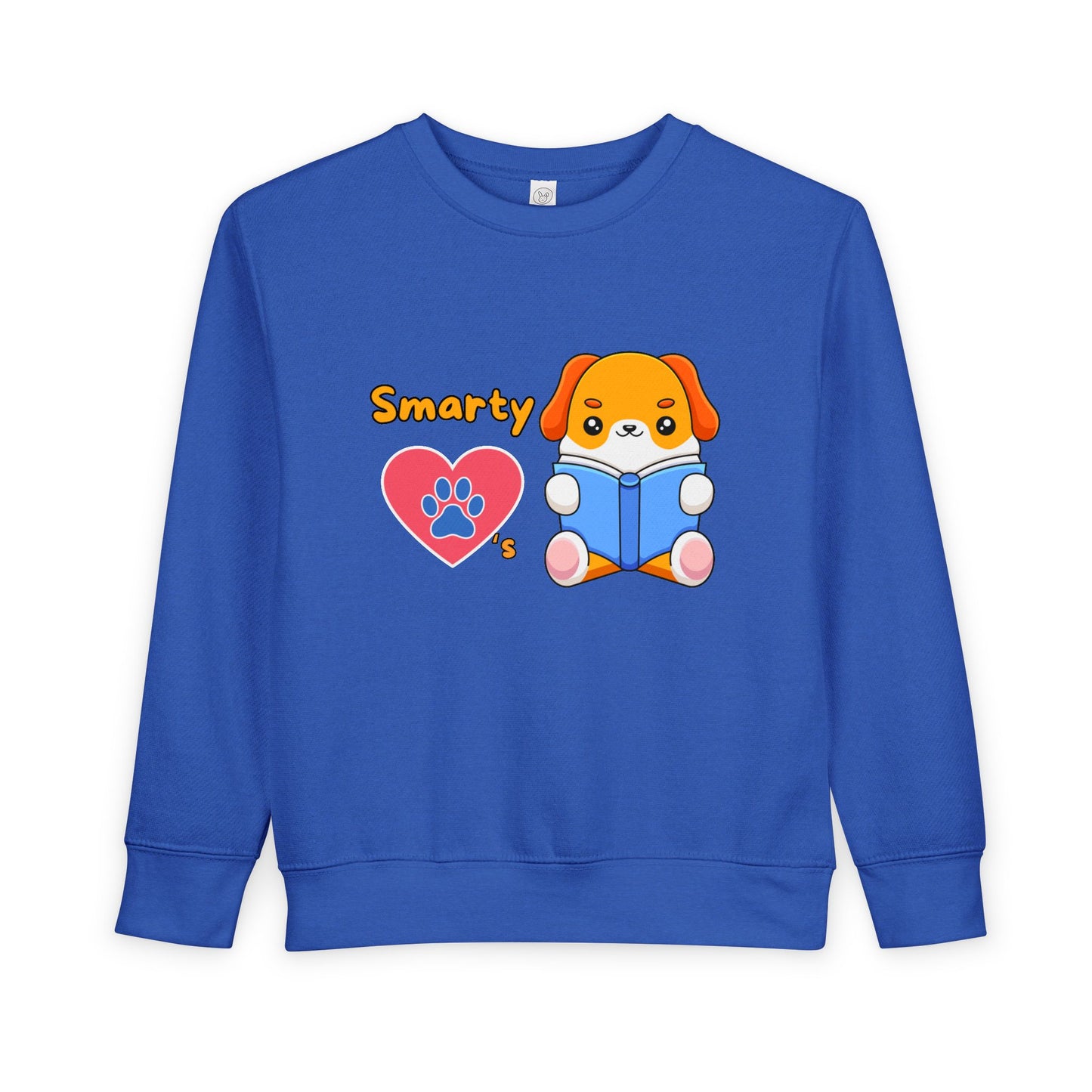 Blue toddler sweatshirt with a cartoon dog reading a book playful text 'smarty paws'