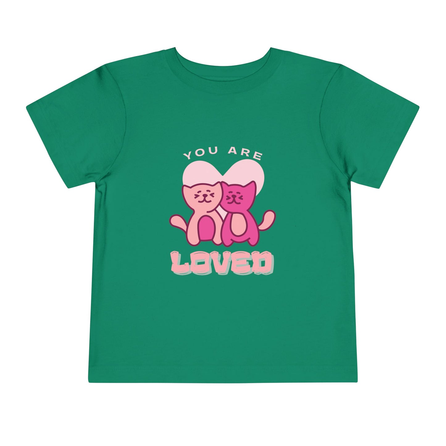 Green toddler t-shirt with two pink cats and 'You are loved' text