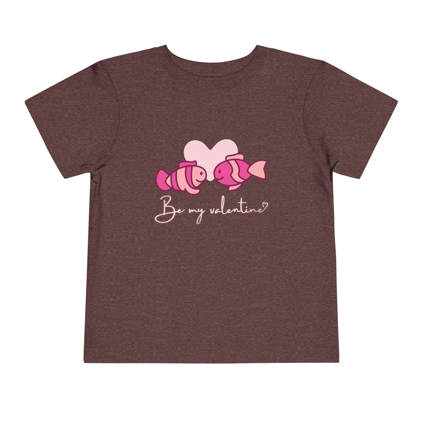 Maroon toddler t-shirt with two pink fish, a heart and 'Be My Valentine' text