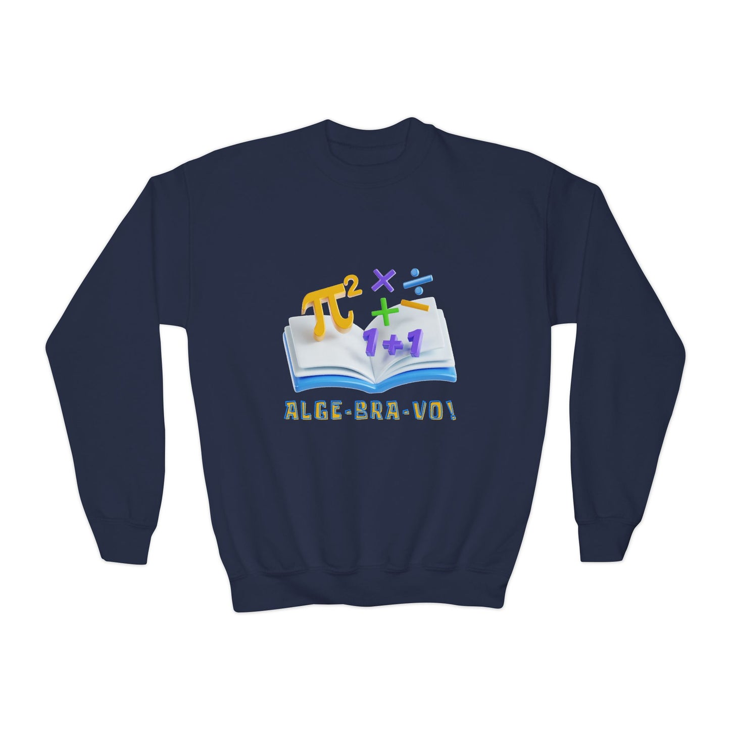 Navy blue sweatshirt with mathematical book design and 'ALGEBRA-VO!' text
