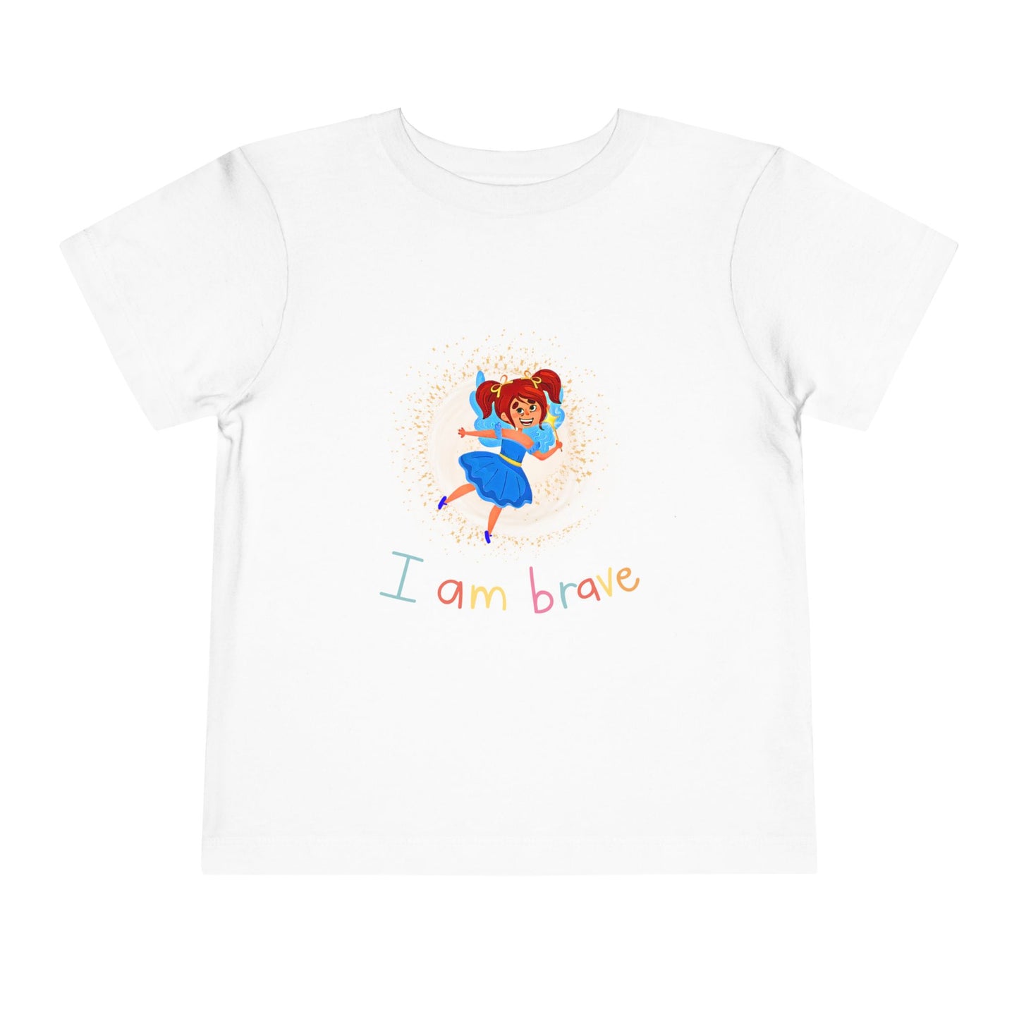 White toddler t-shirt with a fairy in spiral of sparkling light and text 'I Am Brave'