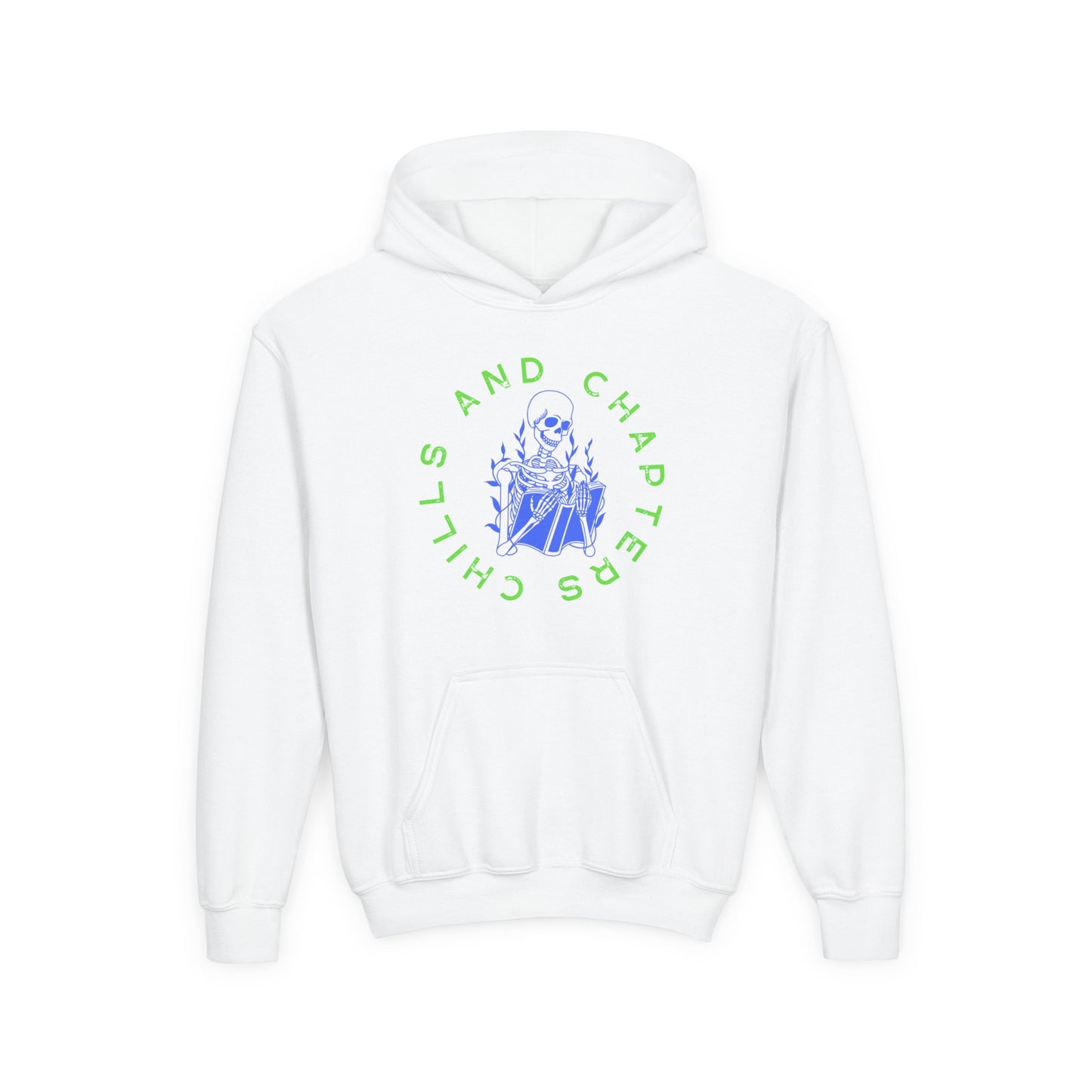 White hoodie with a skeleton reading a book graphic design and circular text 'CHILLS AND CHAPTERS'