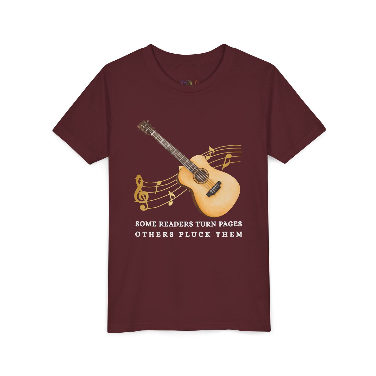 Maroon t-shirt with a guitar graphic, music notes and text 'some readers turn pages others pluck them'