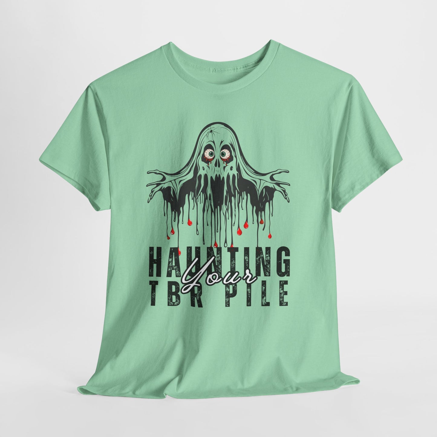 Teen/Adult Unisex Haunting Your TBR Pile T-Shirt – Horror Reader Graphic Tee