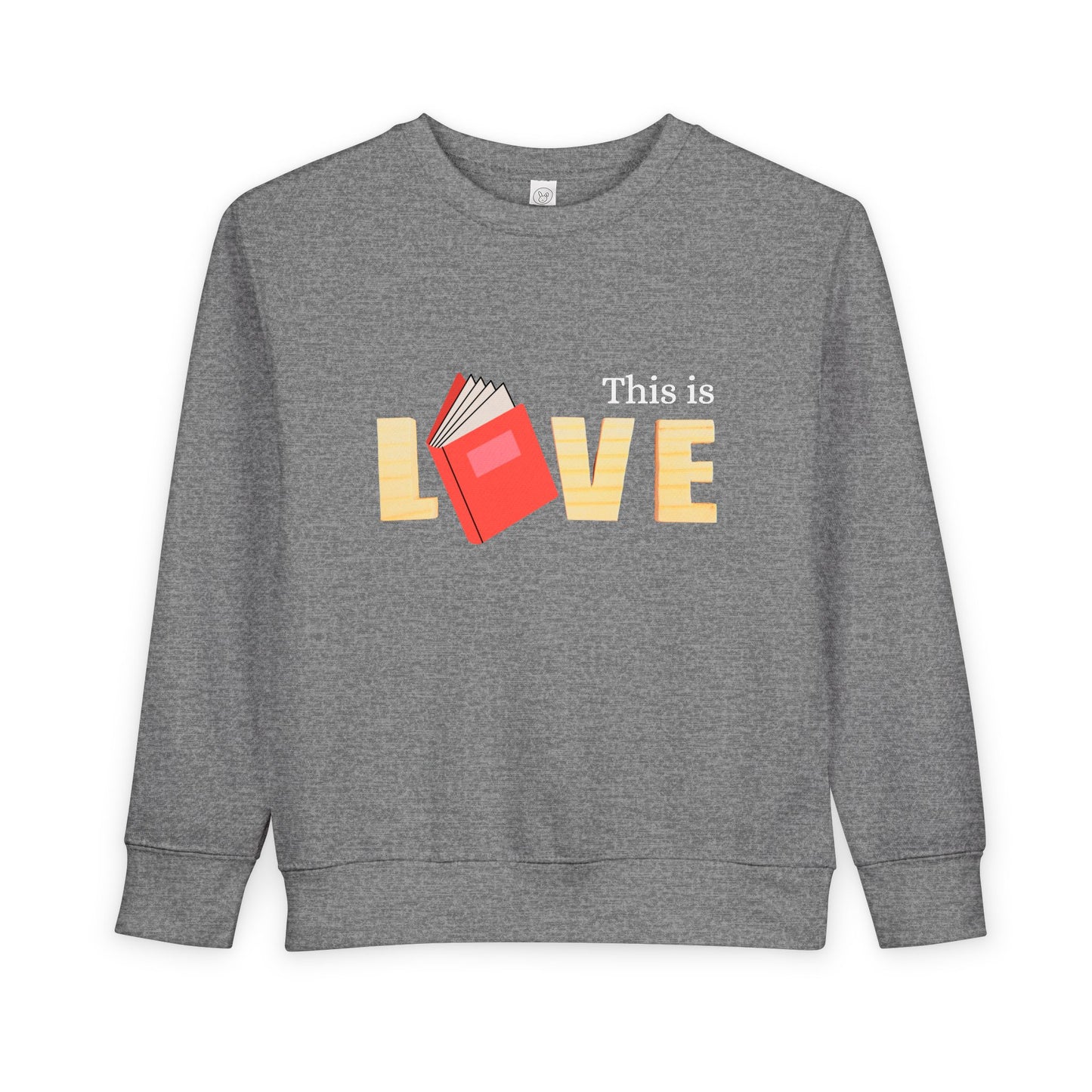 Gray toddler 'This is Love' sweatshirt featuring a book in place of the letter O