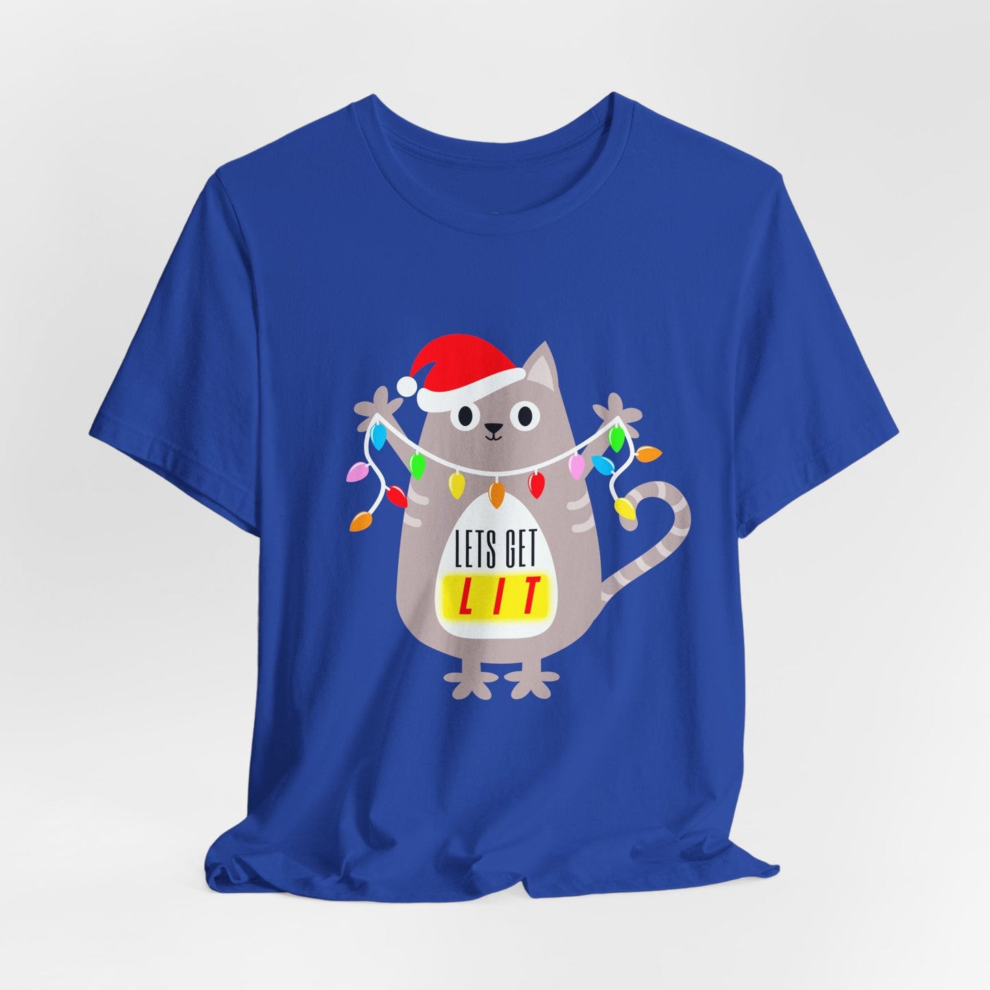 Teen/Adult Unisex Let’s Get Lit T-Shirt – Festive Cat Christmas Lights Design Printify