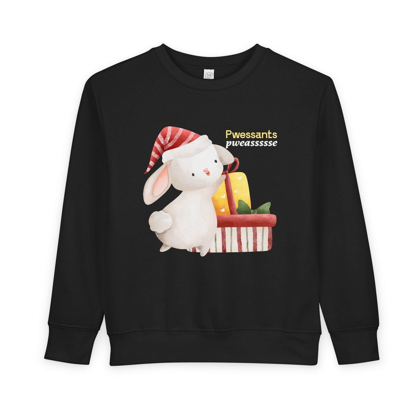 Black toddler sweatshirt with a cartoon bunny wearing a Christmas Hat and reaching for presents, text 'Pwessants Pweassssse'