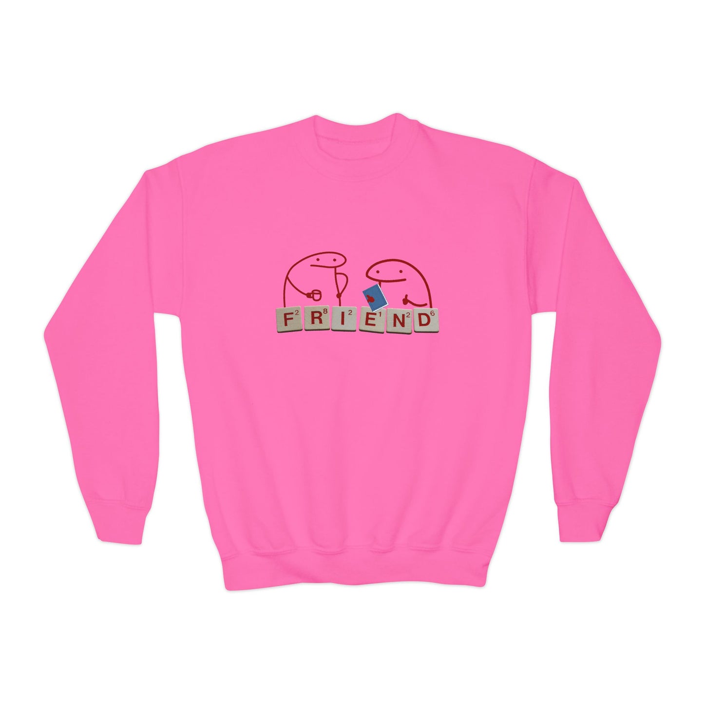 Pink sweatshirt with a graphic design of two characters visiting and 'FRIEND' spelled in game tiles