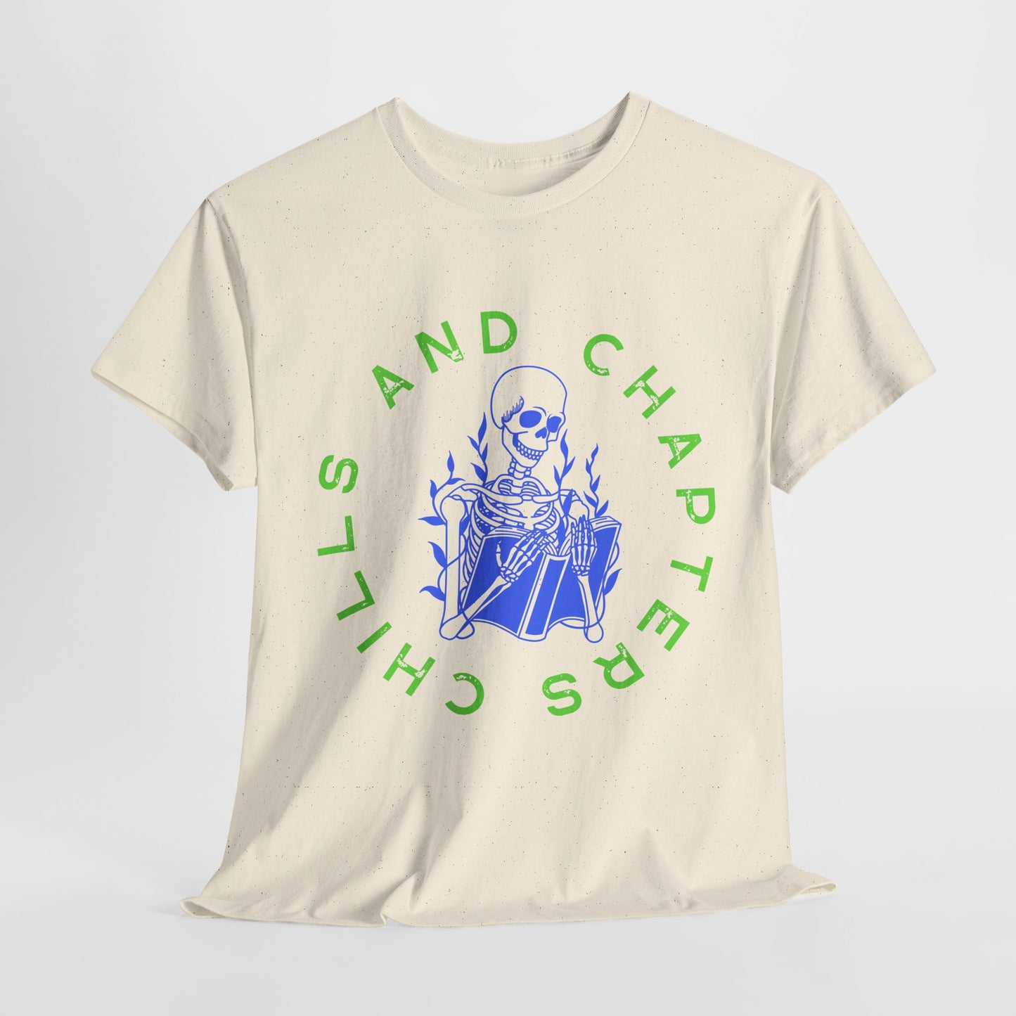 Teen/Adult Unisex Chills and Chapters T-Shirt β Skeleton Horror Reader Graphic Tee