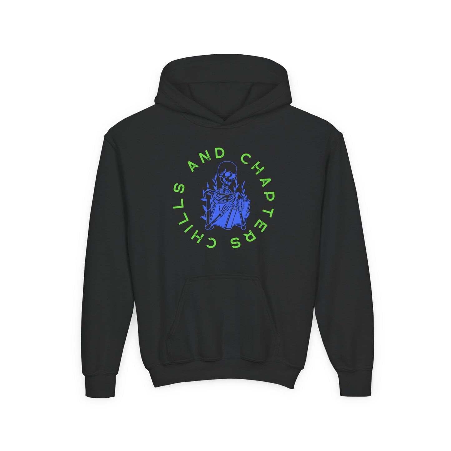 Youth Chapters and Chills Hoodie β Spooky Skeleton Reader Design