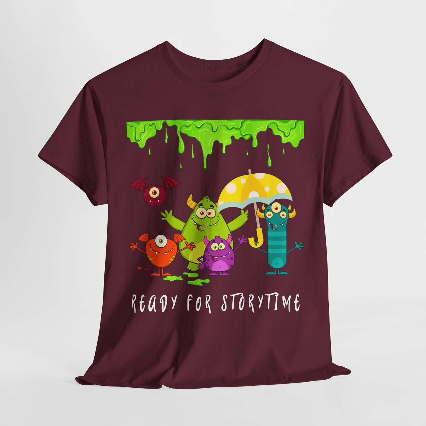 Teen/Adult Unisex “Ready for Storytime” Tee – Slime-Dripped Monster Squad Book Shirt for Fun-Loving Readers