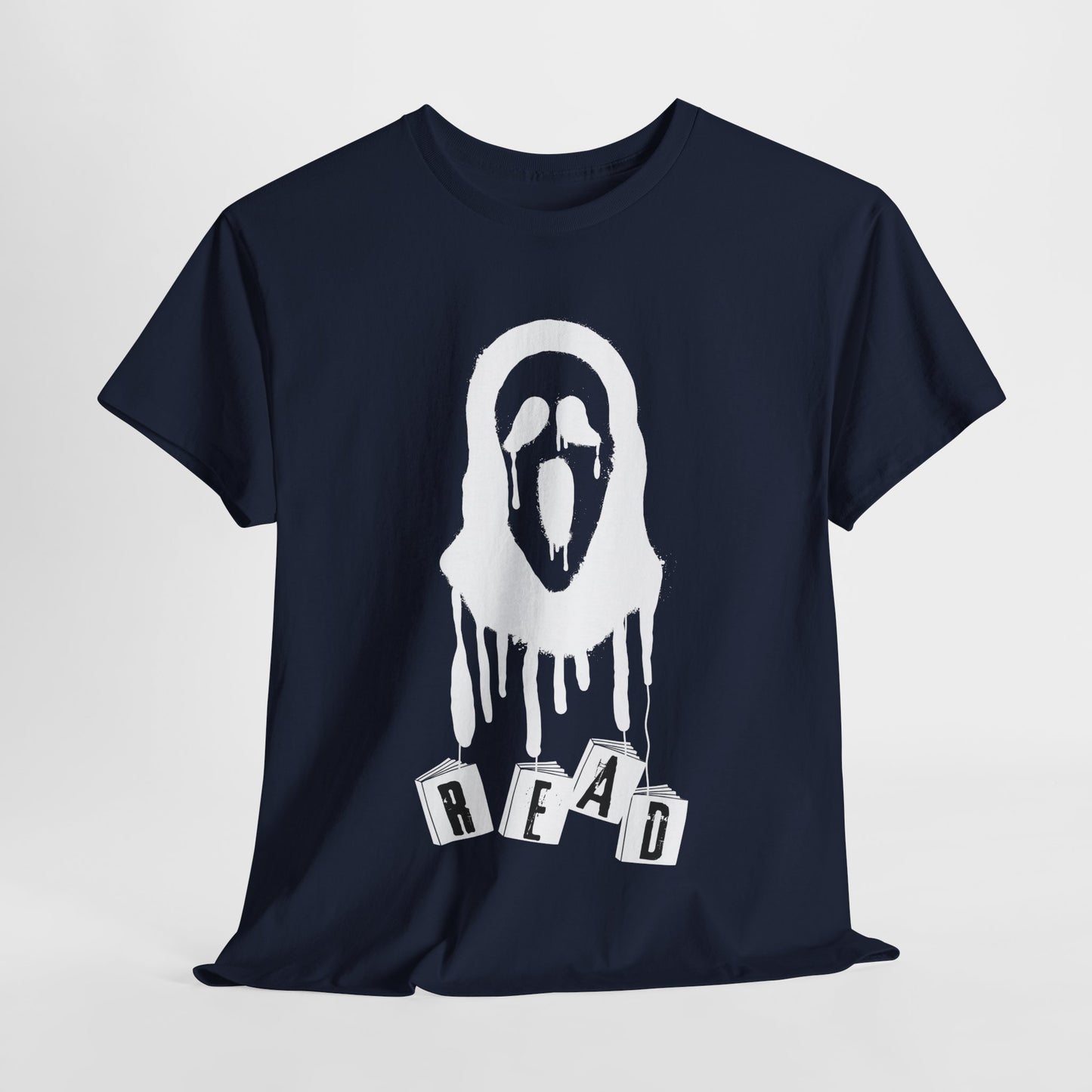 Teen/Adult Unisex Horror Mask READ T-Shirt – Creepy Book Lover Graphic Tee