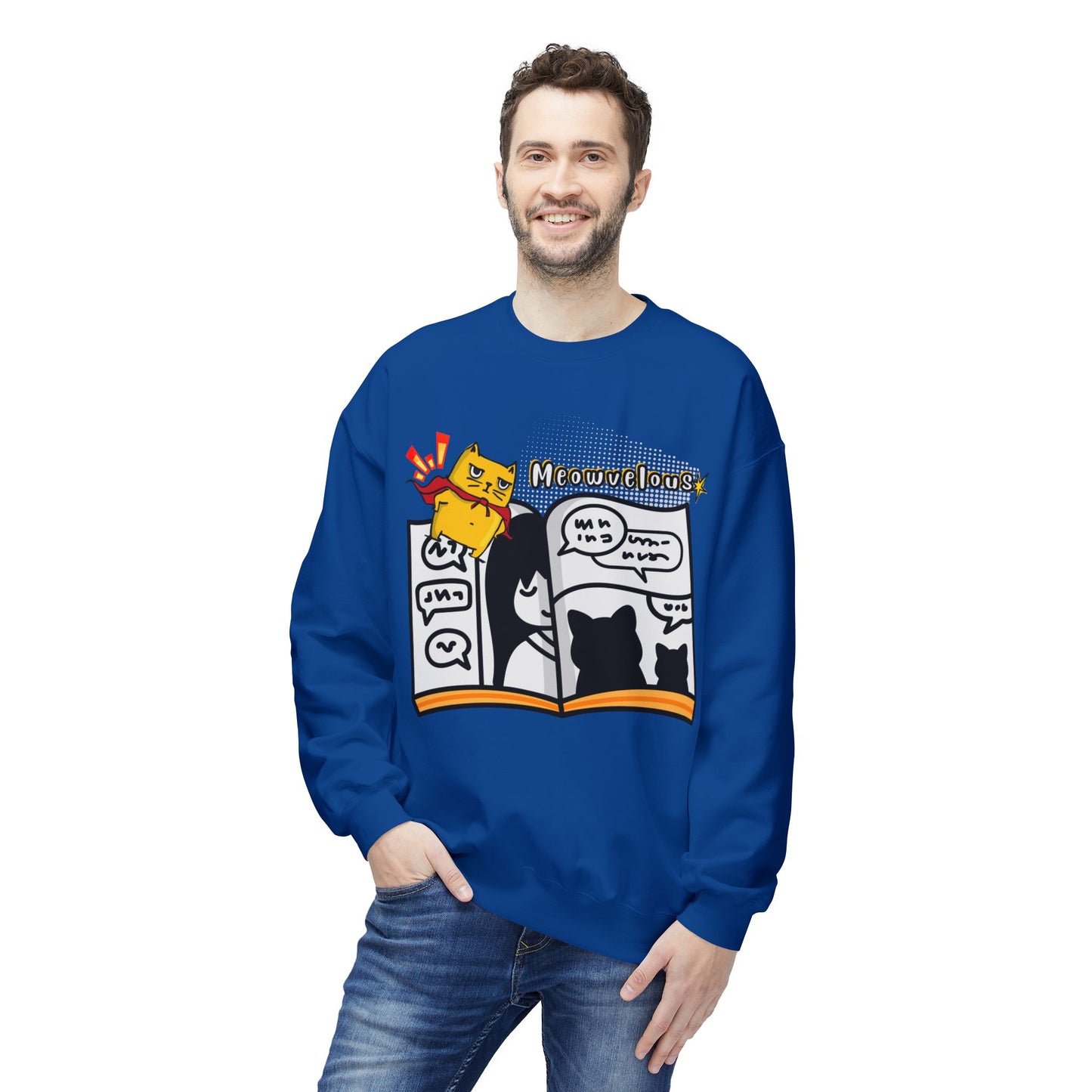 Teen/Adult Unisex Meowvelous Sweatshirt, Super Cat Comic Reader Crewneck