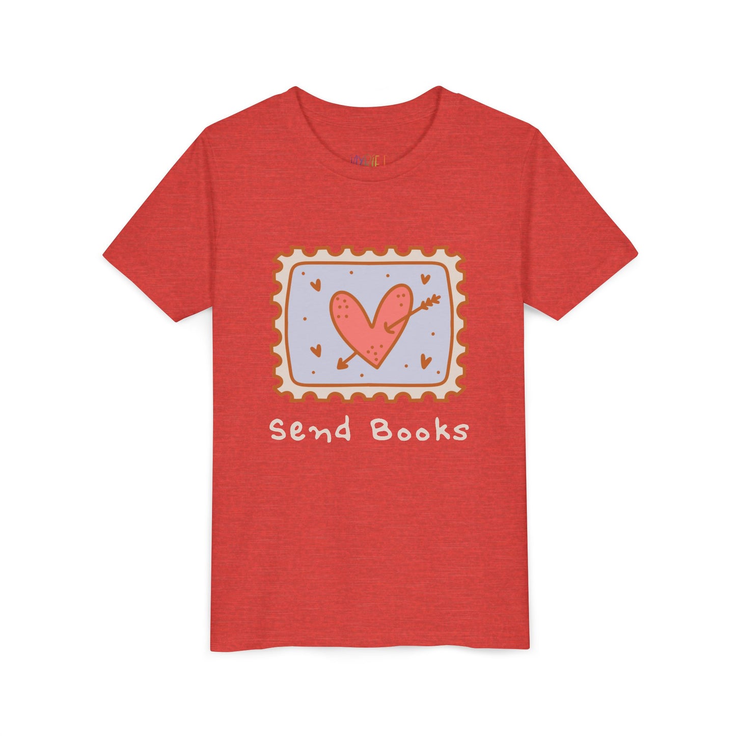 Red t-shirt with a heart stamp and text 'Send Books'