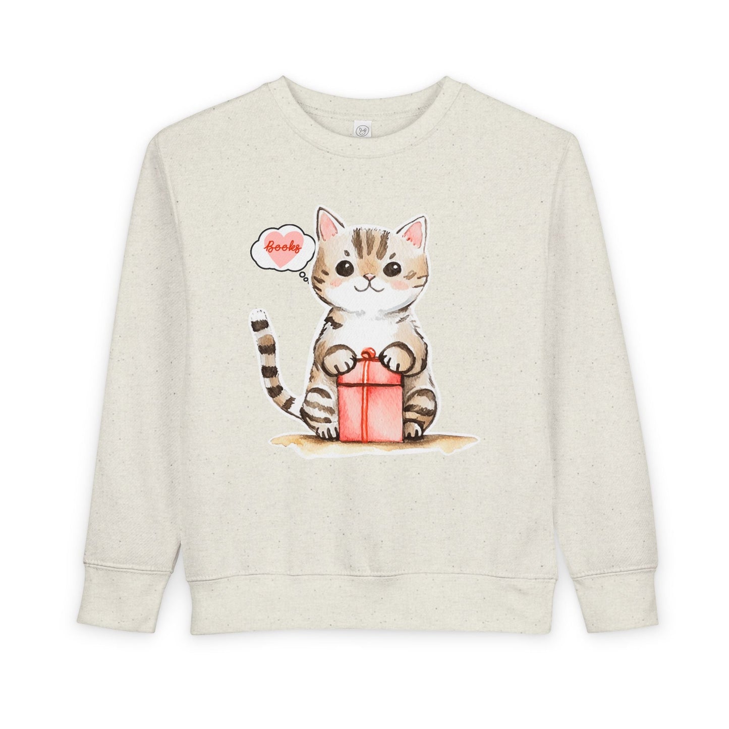 Beige toddler sweatshirt with a cat with a thought bubble of whooks while holding a gift box on a white background