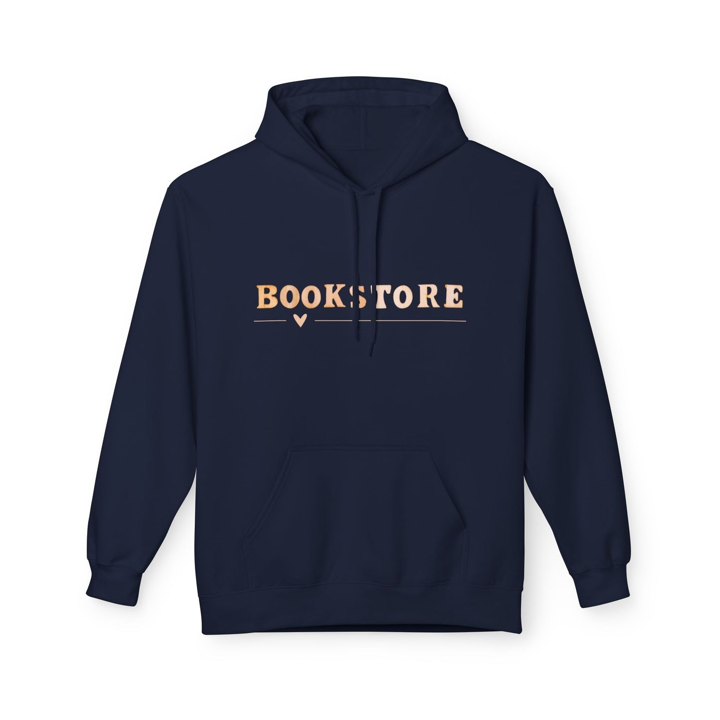 Navy hoodie with the word βBOOKSTOREβ in soft beige text, accented by a small underline and heart detail beneath the lettering.