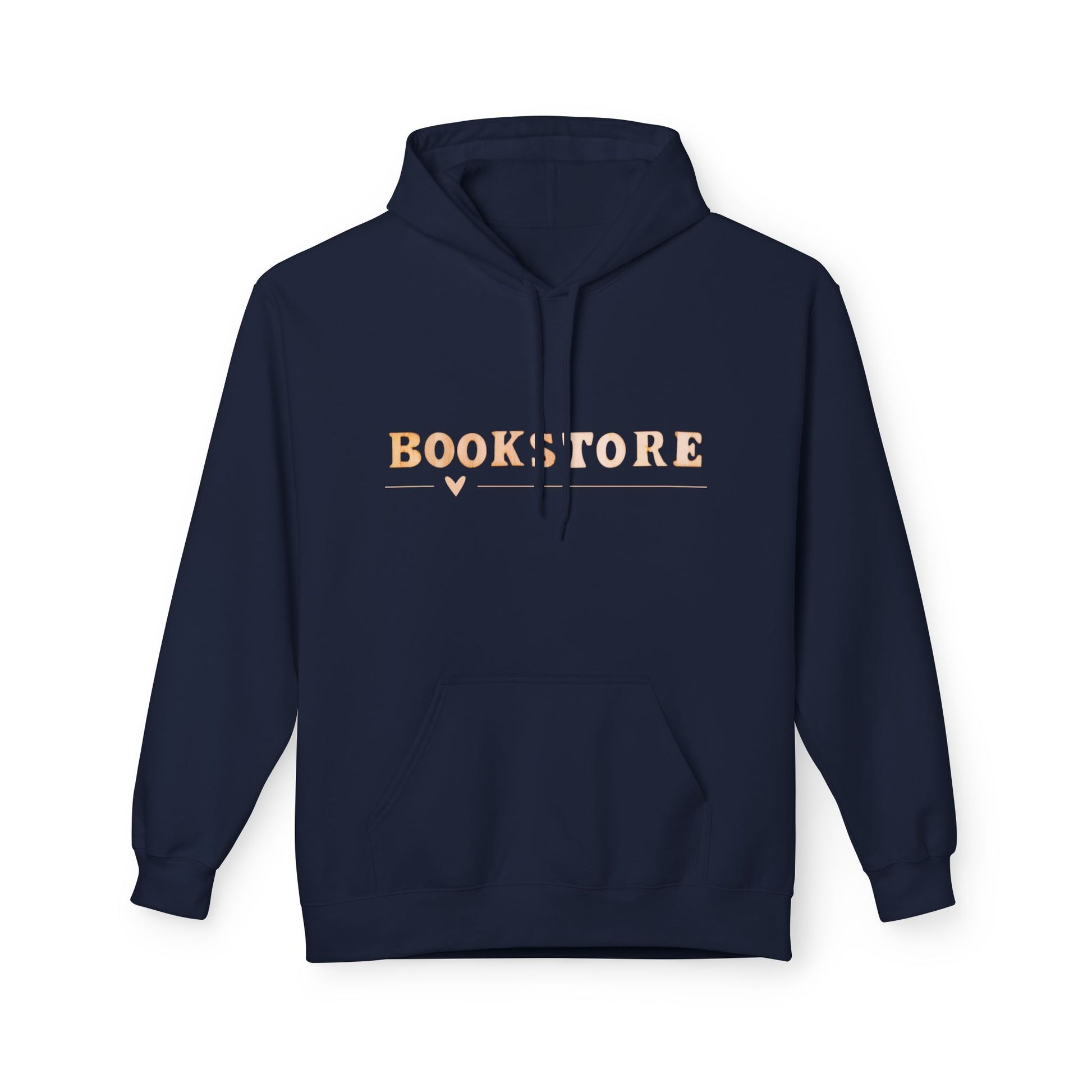 Navy hoodie with the word βBOOKSTOREβ in soft beige text, accented by a small underline and heart detail beneath the lettering.