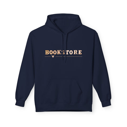 Navy hoodie with the word “BOOKSTORE” in soft beige text, accented by a small underline and heart detail beneath the lettering.