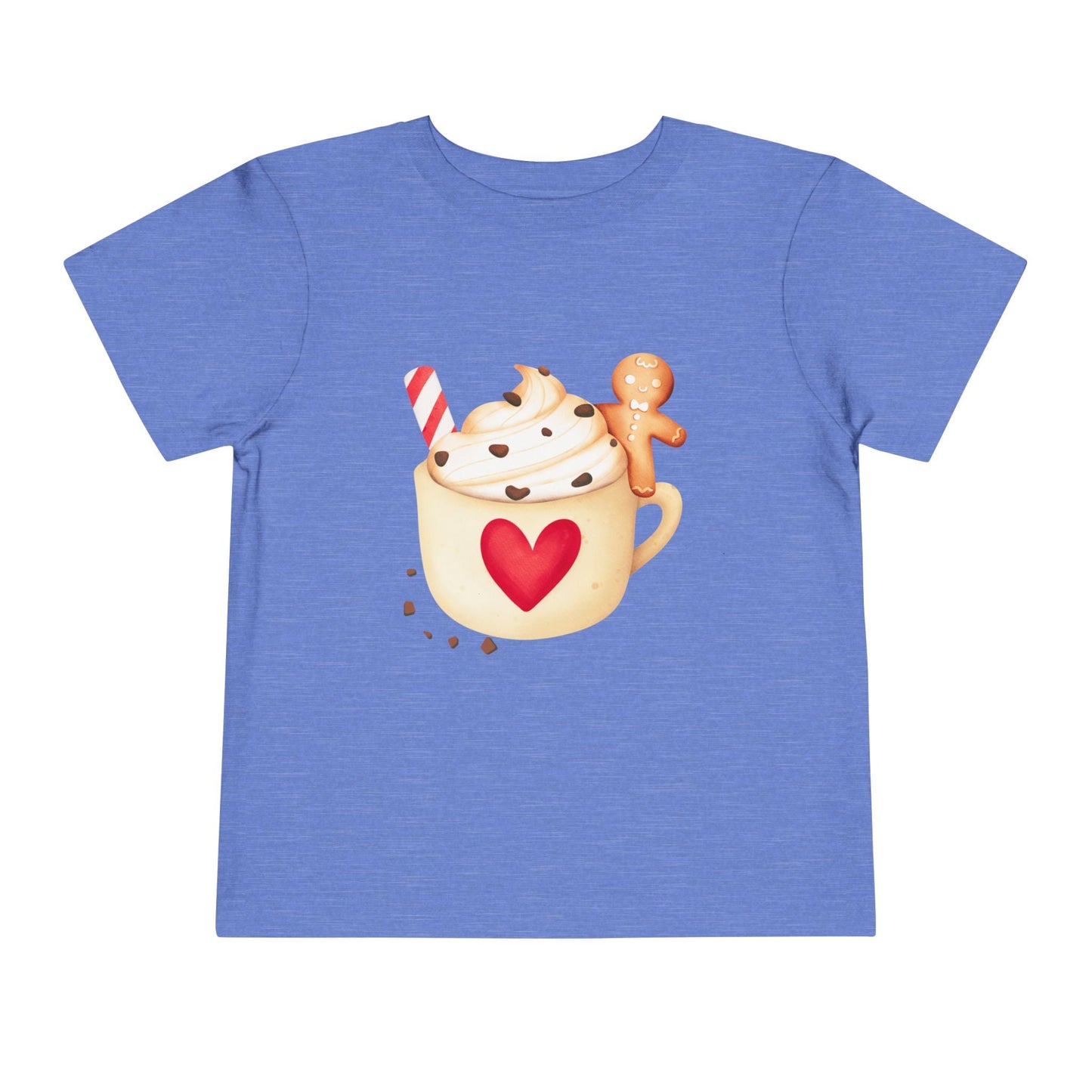 Blue toddler t-shirt with a hot chocolate graphic featuring a heart and gingerbread on a white background