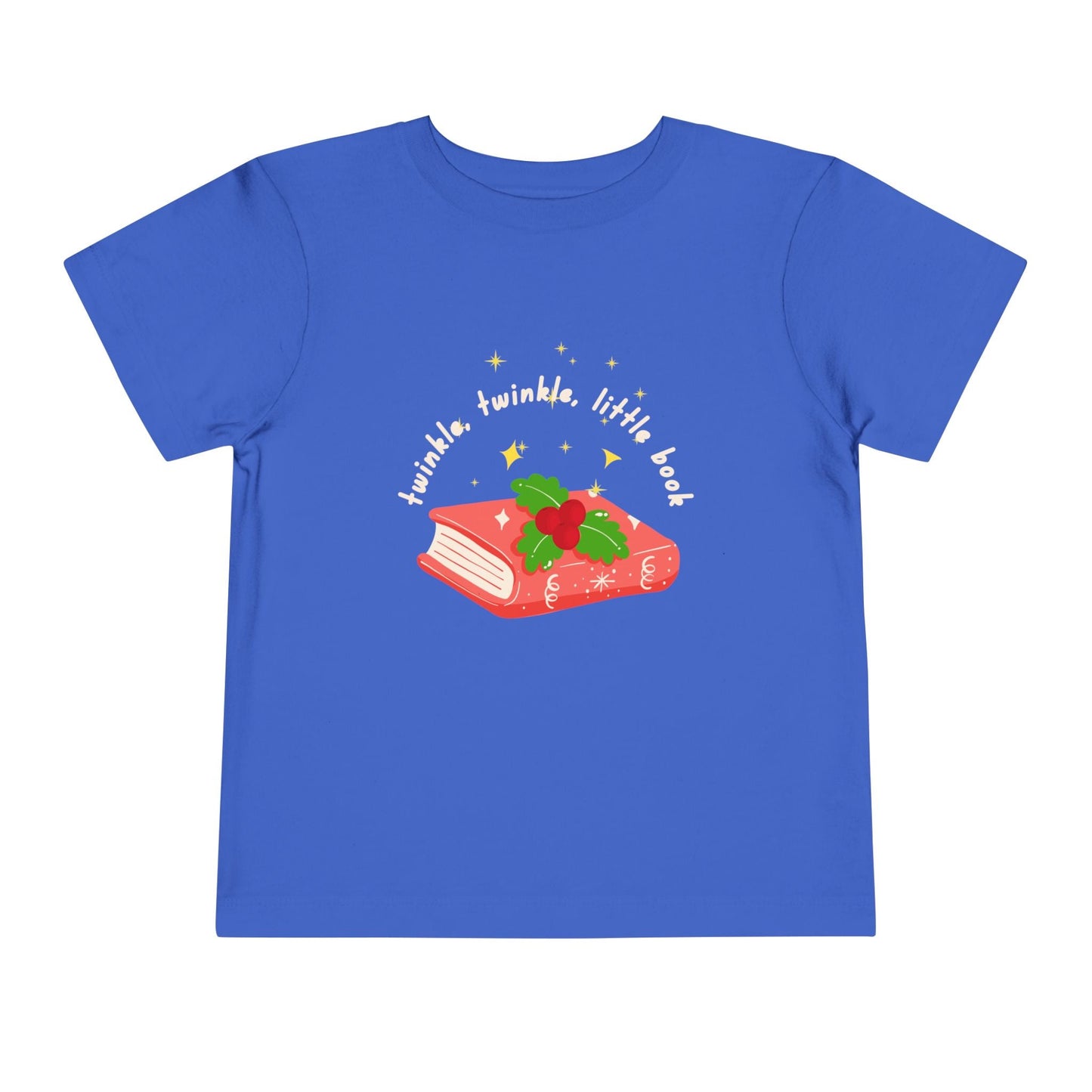 Blue toddler t-shirt with a red book graphic, holly and text 'twinkle, twinkle, little book' a white background