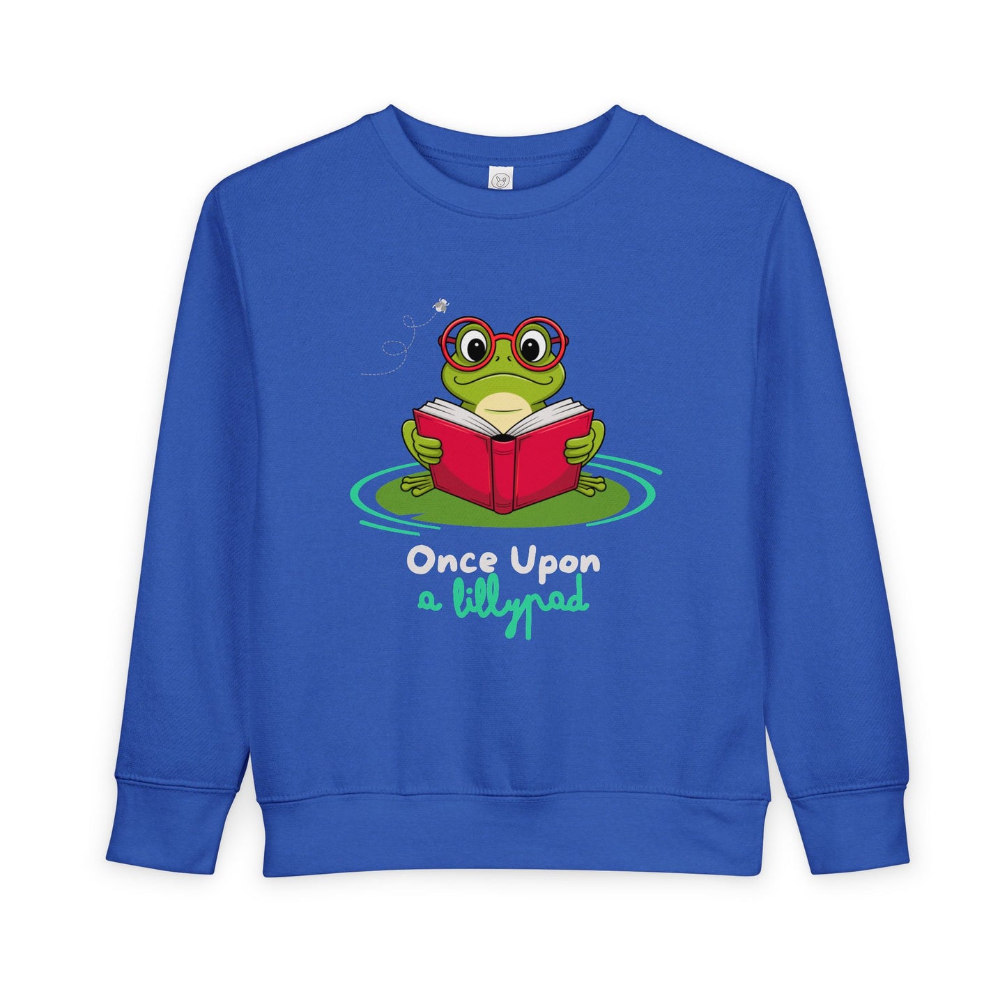 Blue toddler sweatshirt with a frog reading a book on a lillypad and text 'Once Upon a Lillypad'