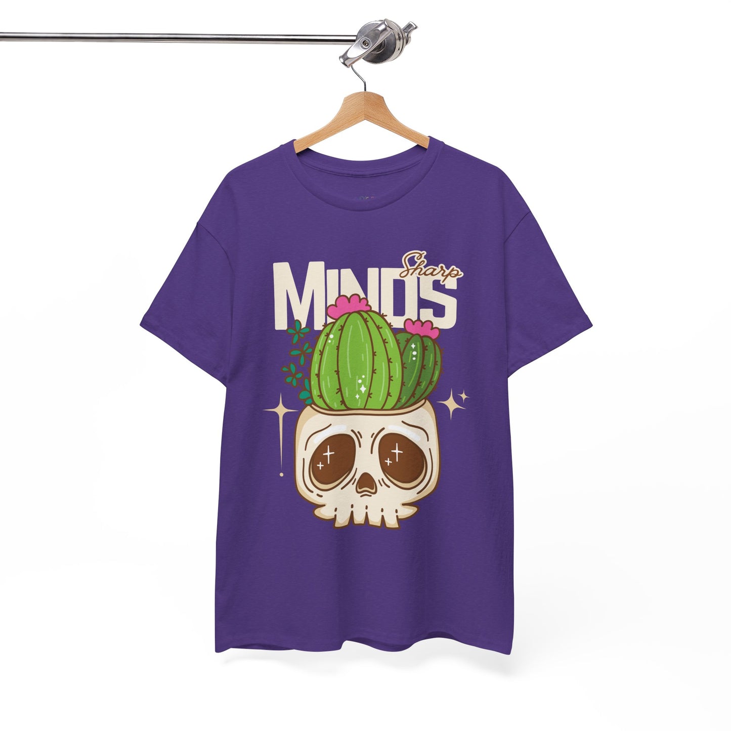 Purple t-shirt with an image of a cactus growing out of a skull and text 'Sharp Minds'