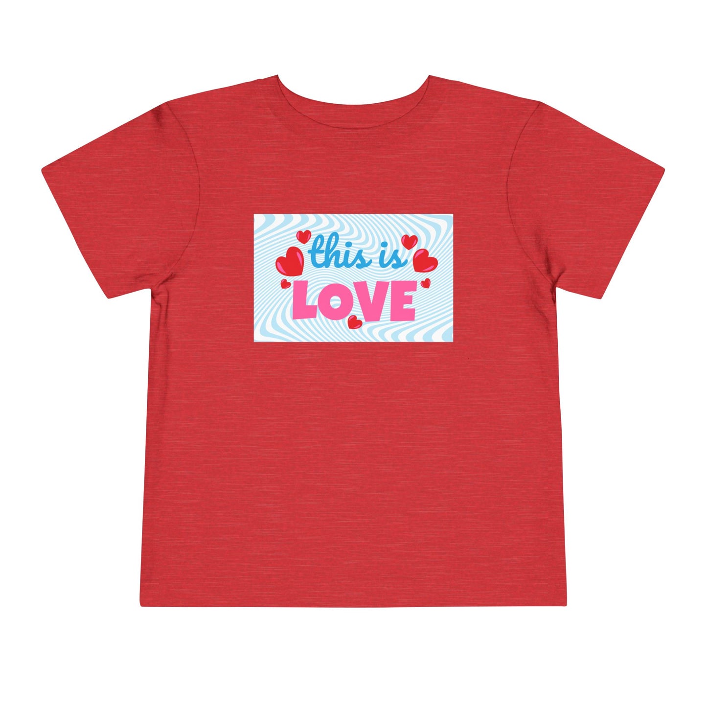 Red t-shirt with 'this is LOVE' text and heart graphics on a swirling blue background