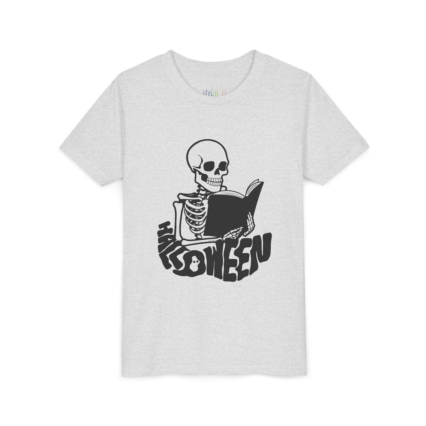 Light gray t-shirt with a black skeleton reading a book and 'Halloween' text spelled out in a spooky font