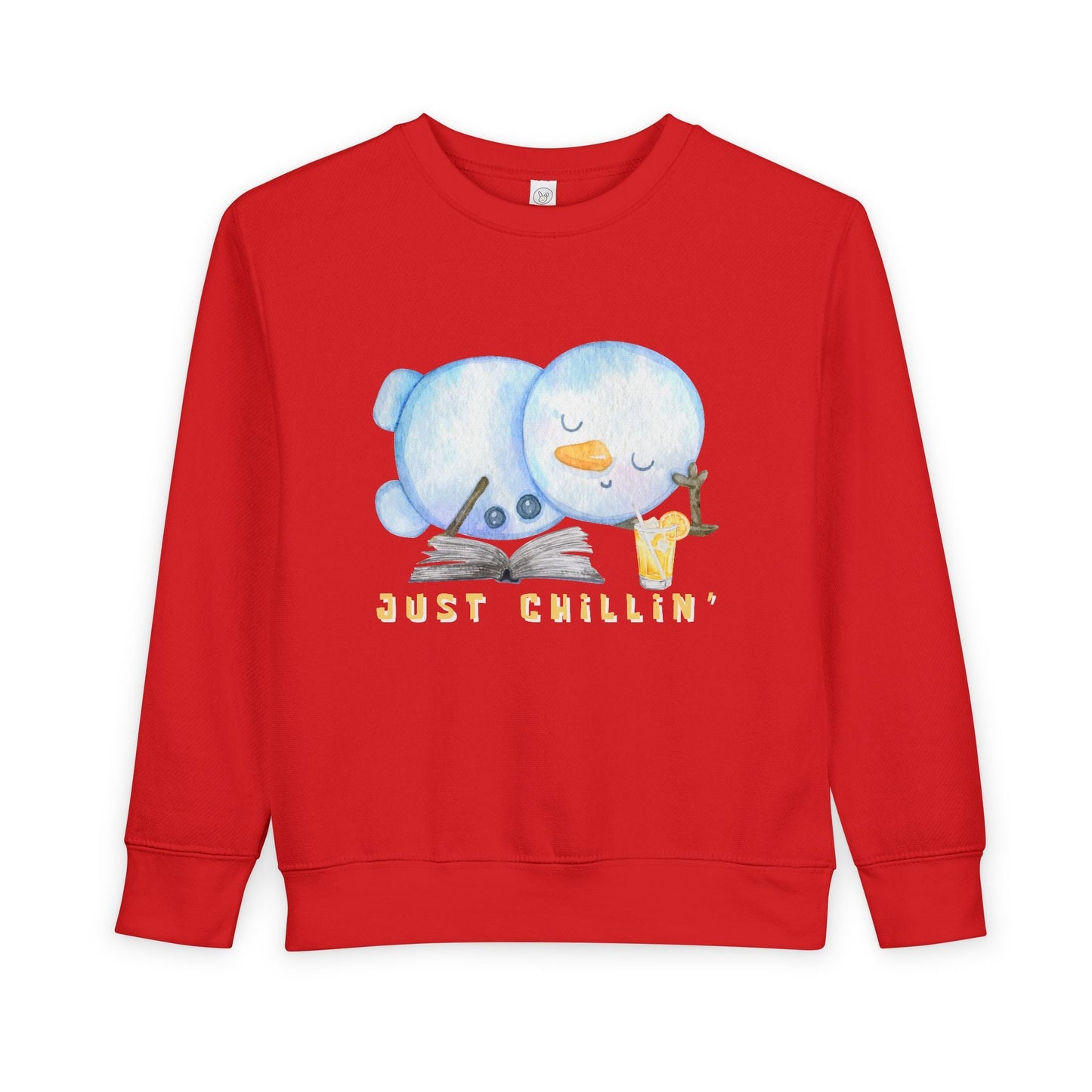 Red toddler sweatshirt with cartoon snowman sipping an iced beverage while reading a book, and 'Just Chillin' text on a white background