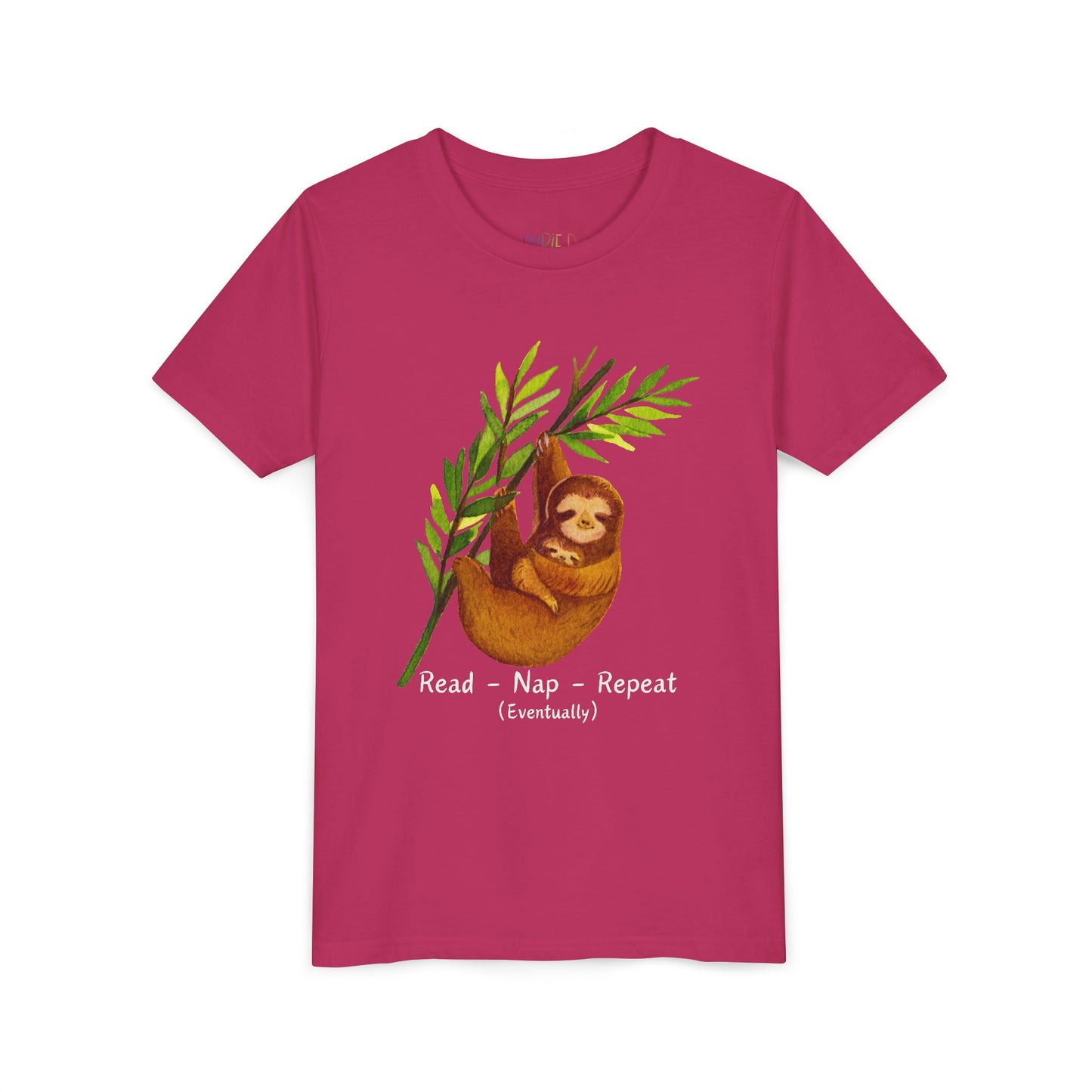 Youth Read – Nap – Repeat (Eventually) Tee – Sloth Book Shirt for Easygoing Young Readers
