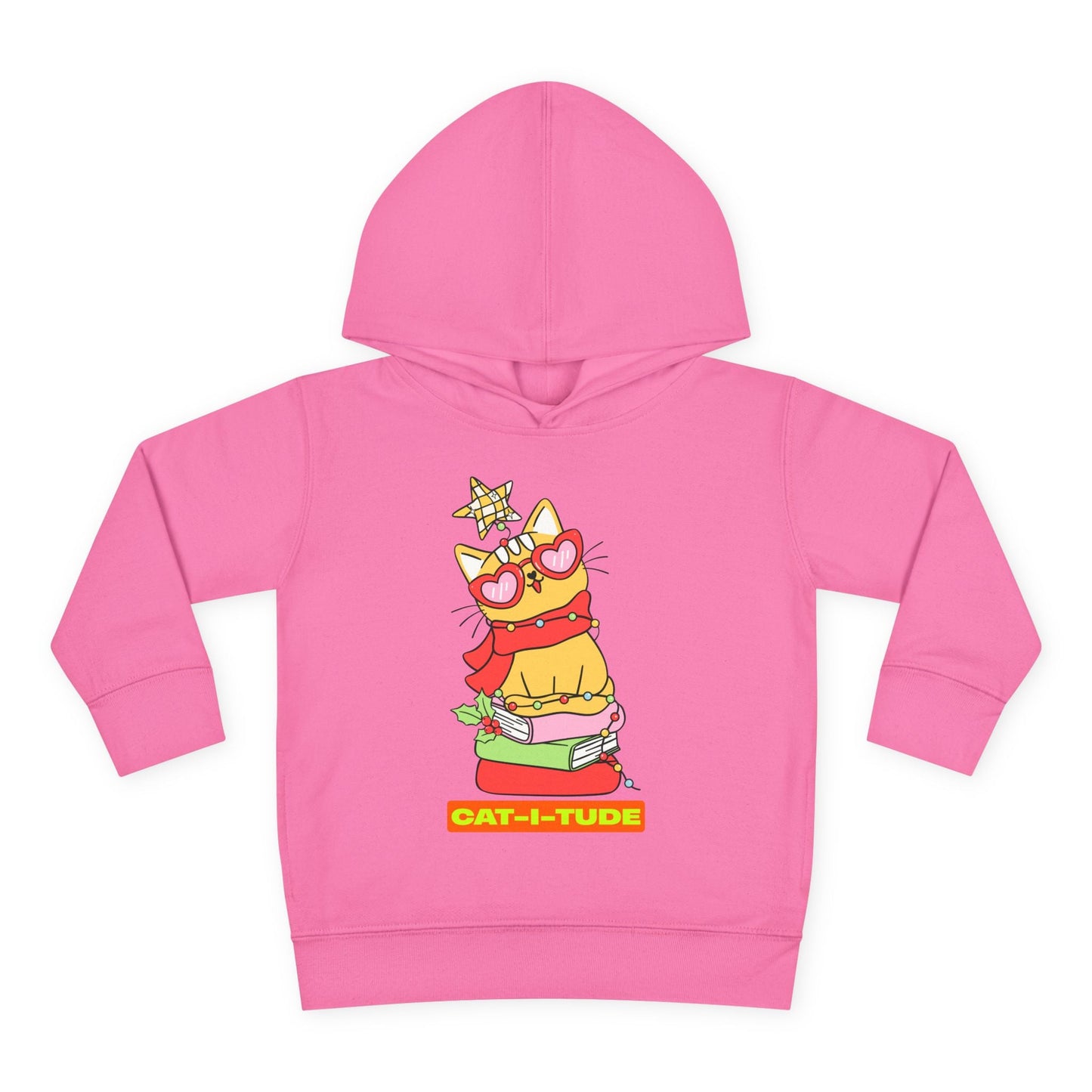 Pink toddler hoodie with a cartoon cat wearing a scarf, heart shaped glasses, a Christmas star on it's head, perched on a stack of books and text 'CAT-I-TUDE'