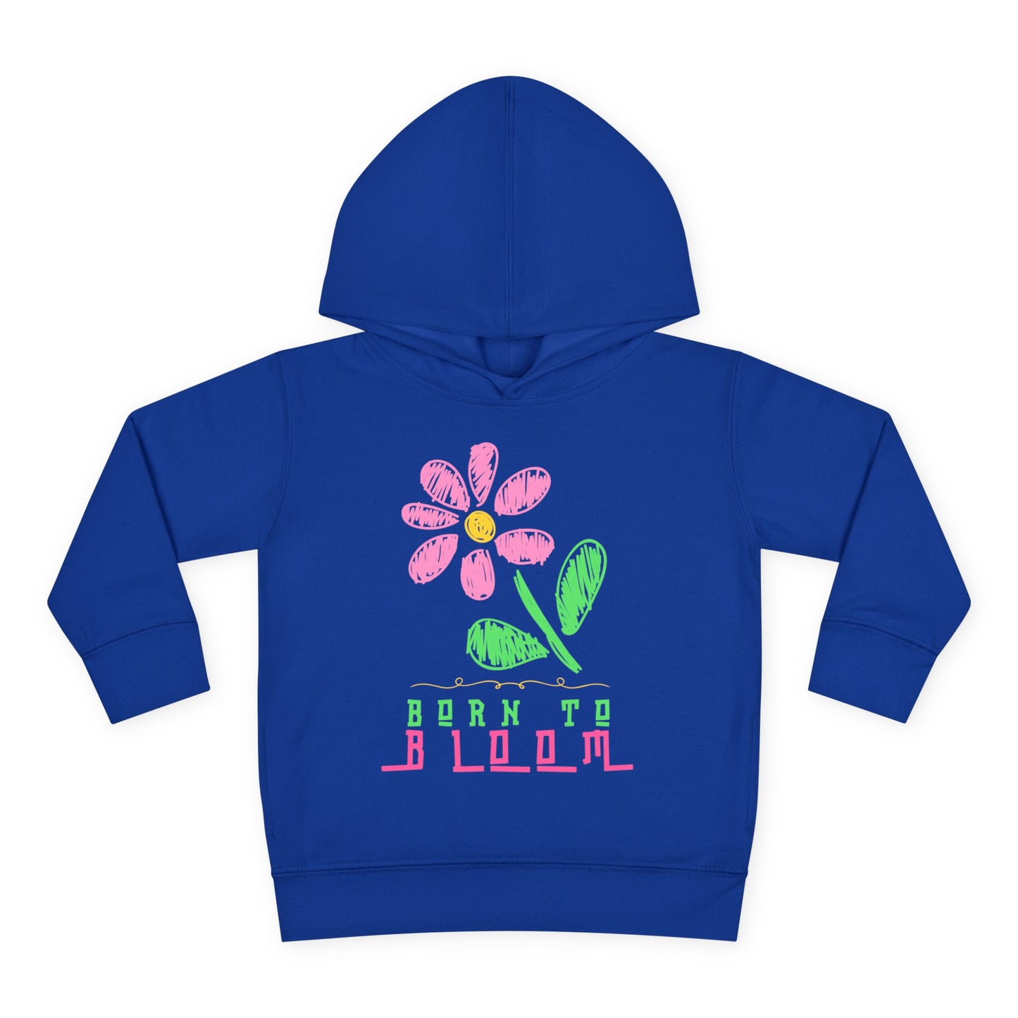 Blue toddler hoodie with a sketched flower and text 'born to bloom'