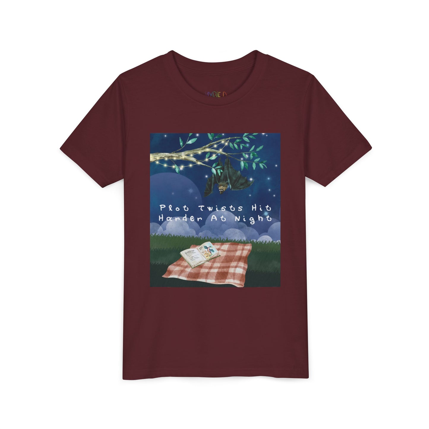 Youth Plot Twists Hit Harder at Night Tee β Spooky Bat Shirt for Bedtime Readers
