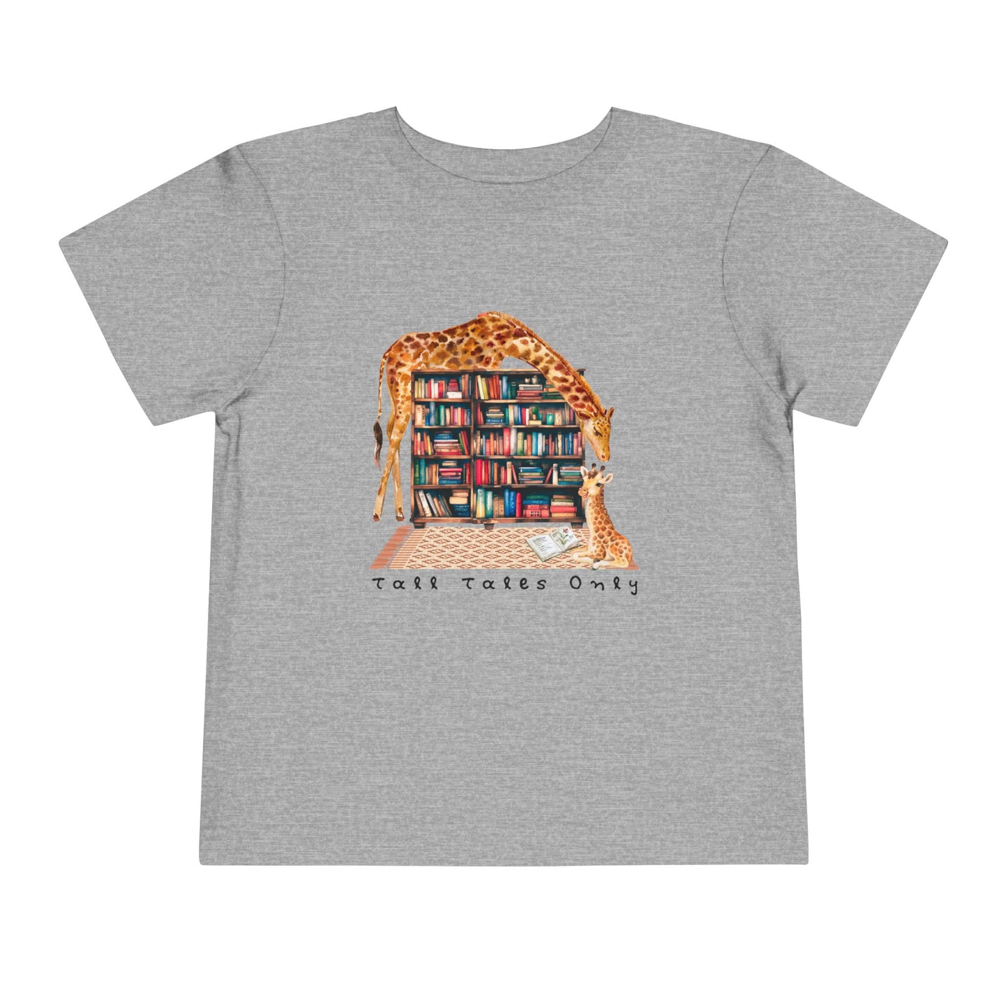 Gray toddler t-shirt with a mama giraffe leaning over library bookshelves to check on her little one and text 'Tall Tales Only'