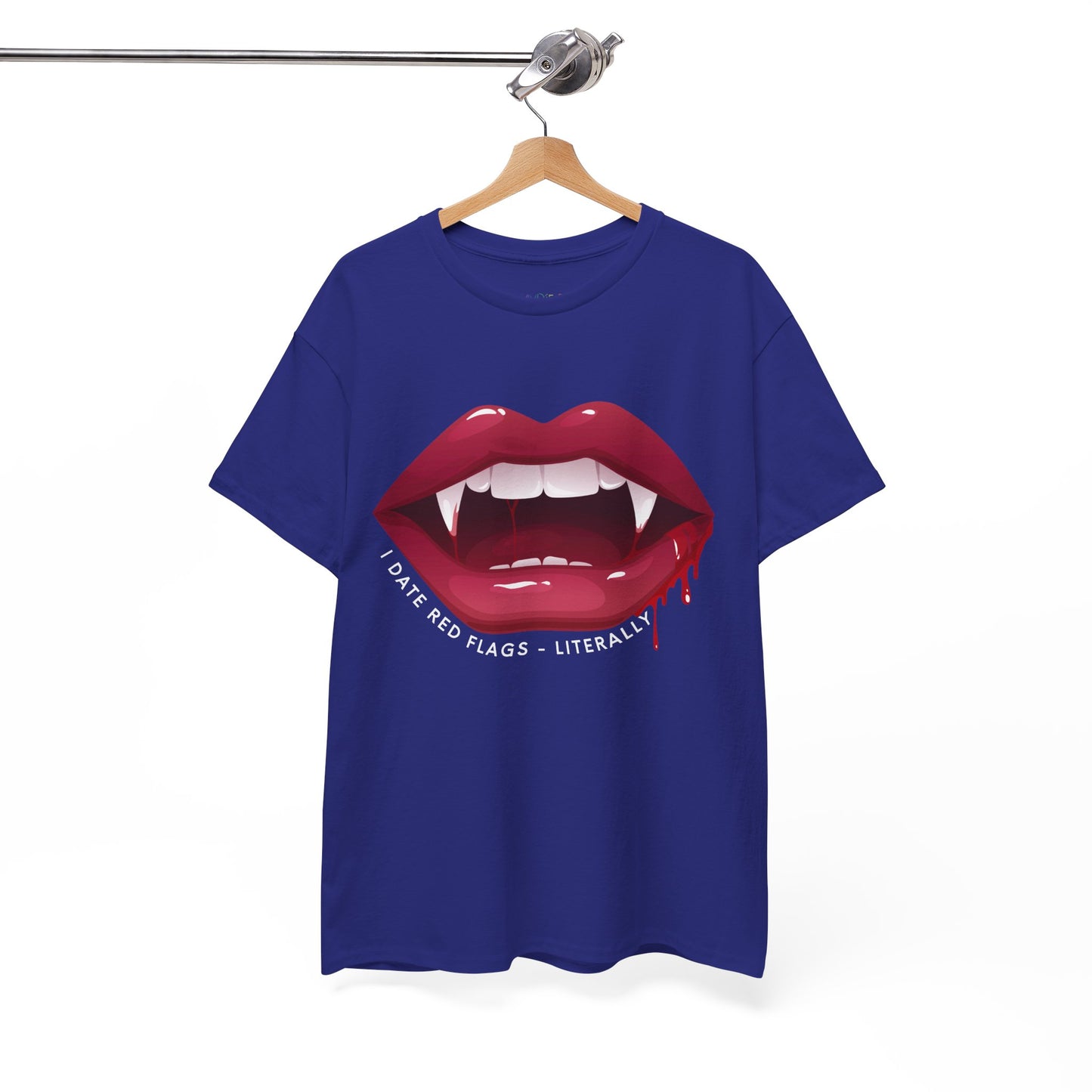 Blue t-shirt with graphic of red vampire teeth with blook dripping from the lips and text 'I Date Red Flags - Literally'