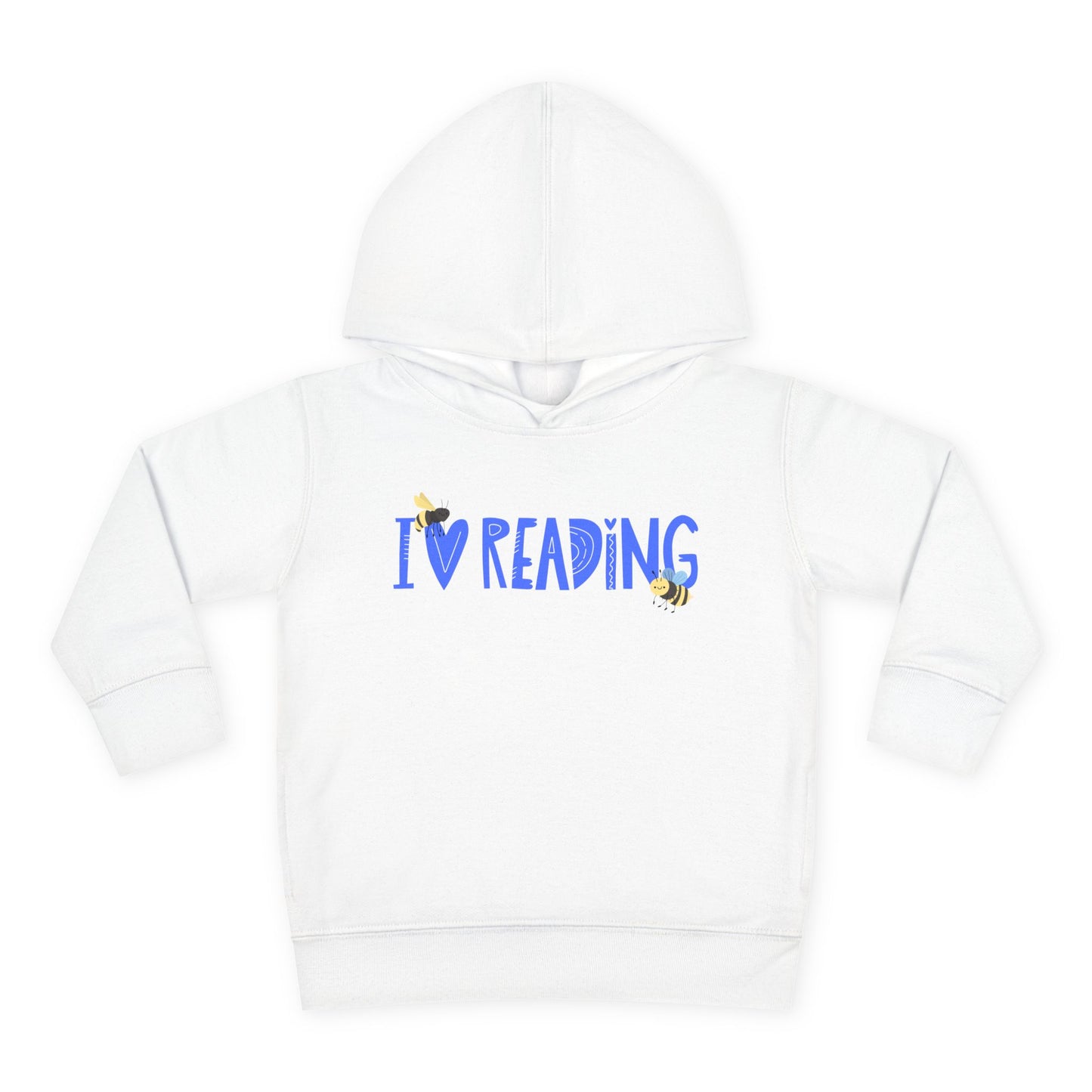 Two cartoon bees buzzing around blue letters that say “I ❤️ Reading” above — printed on a soft toddler hoodie.