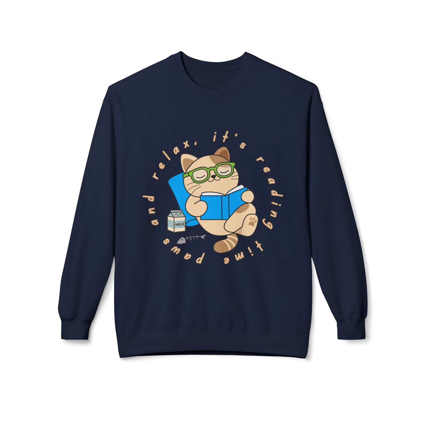 Teen/Adult Unisex Paws and Relax Sweatshirt – Cozy Cat Reading Time Design