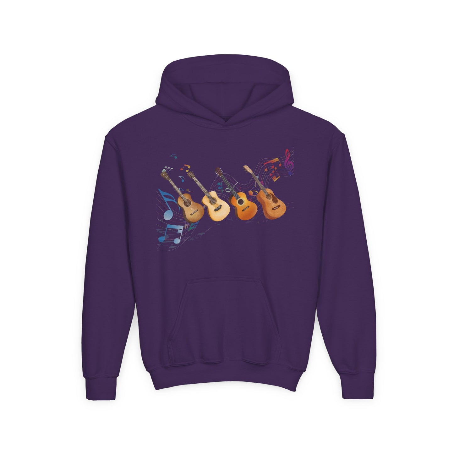 Purple hoodie with a row of guitars and swirling music notes