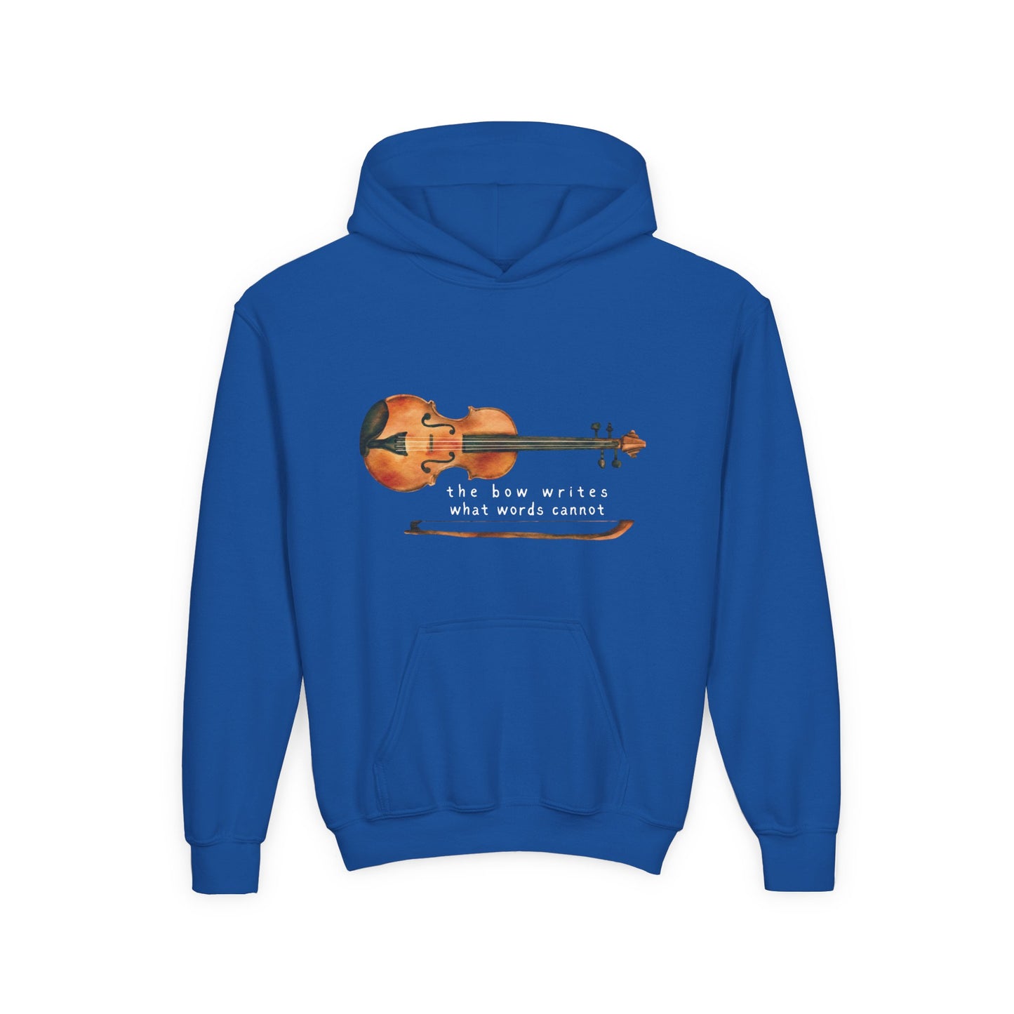 Blue hoodie with a violin and text 'The Bow Writes What Words Cannot'
