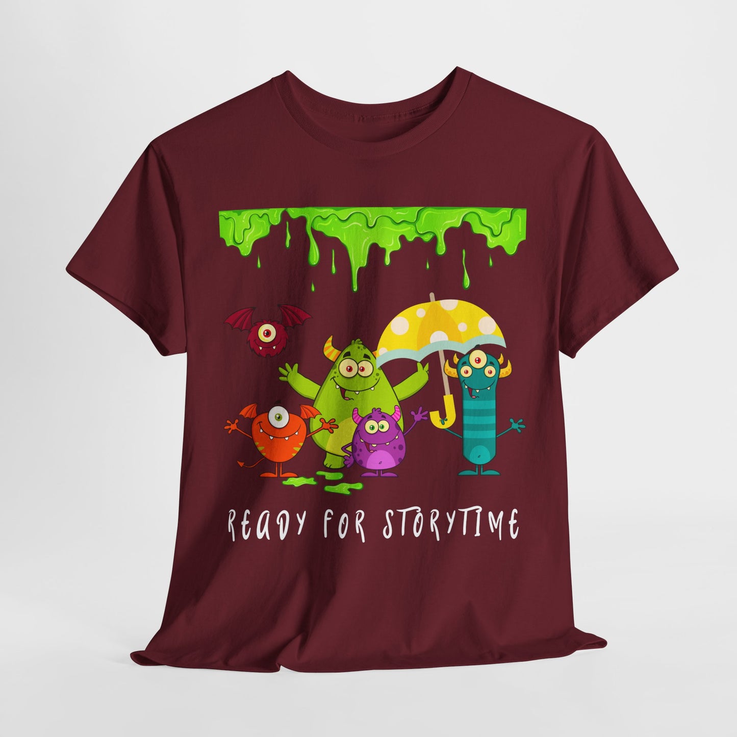 Teen/Adult Unisex “Ready for Storytime” Tee – Slime-Dripped Monster Squad Book Shirt for Fun-Loving Readers