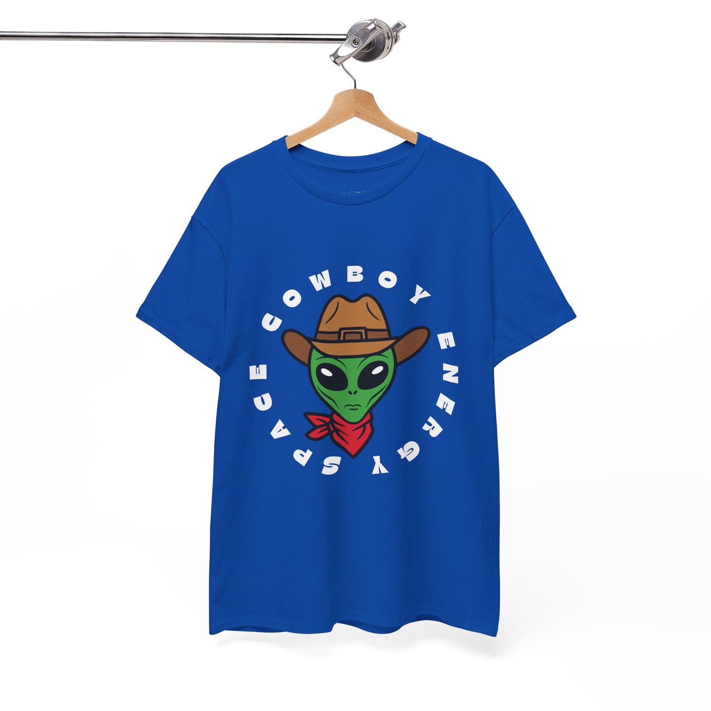 Blue t-shirt with a large cowboy alien in the enter, circled by text 'Space Cowboy Energy'