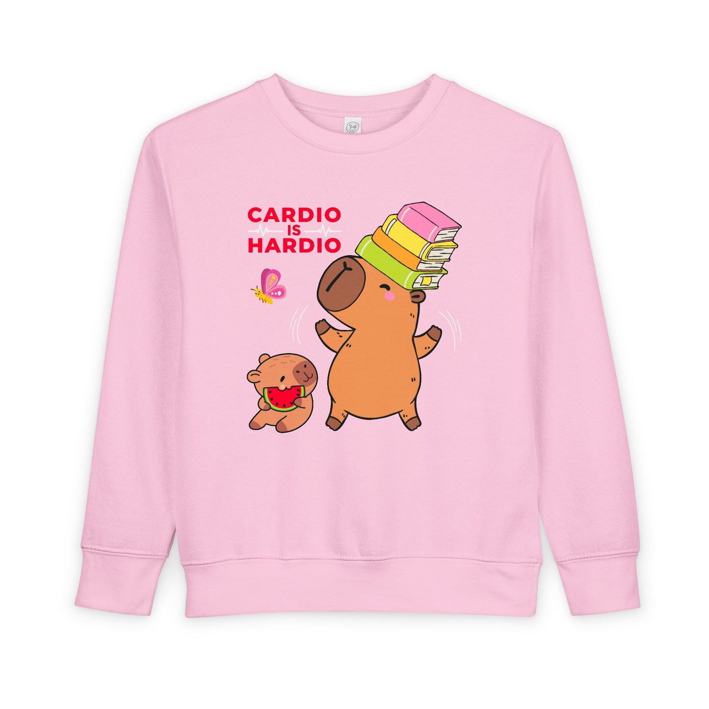 Pink toddler sweatshirt with an animated capybara balancing books on its head and a little capybara eating watermelon, 'Cardio is Hardio' text